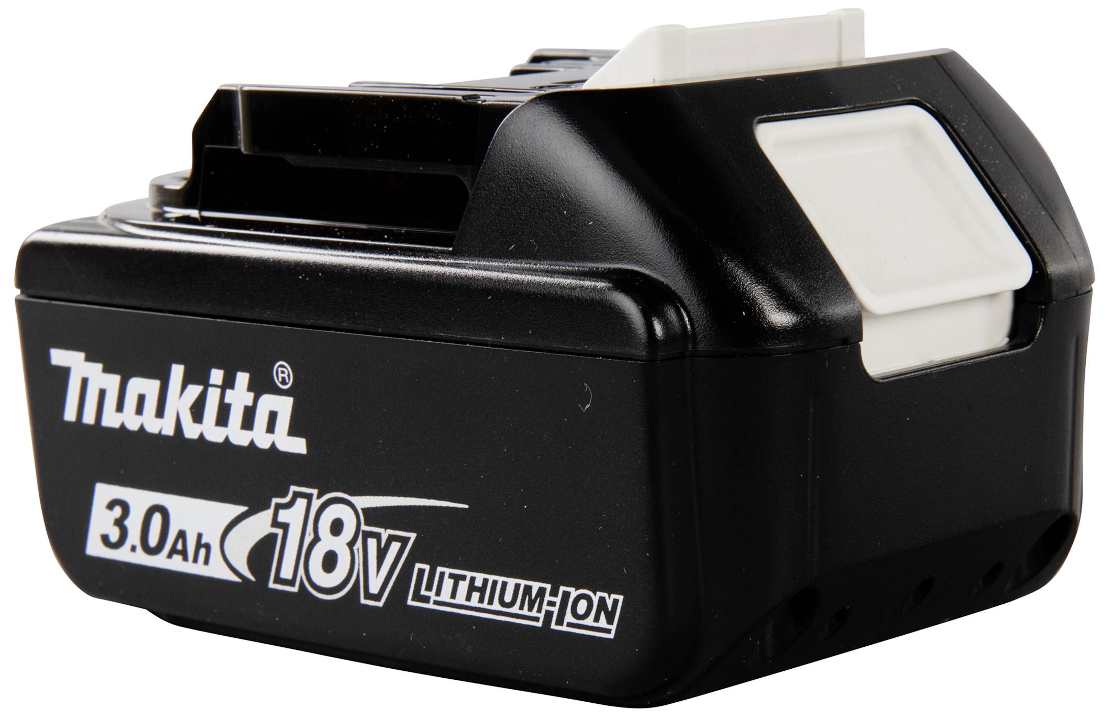 Ein schwarzer Lithium-Ionen-Akku mit der Aufschrift 'Makita 18V 3.0 Ah', geeignet für Elektrowerkzeuge.