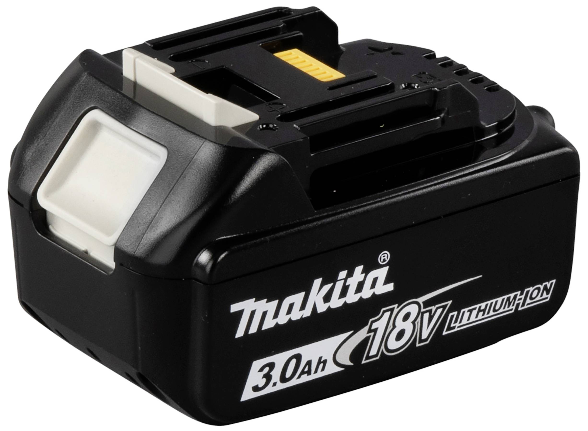 Sicht auf einen schwarzen 18V Lithium-Ionen-Akku mit weißem Makita-Logo und Kapazitätsangabe von 3,0 Ah.