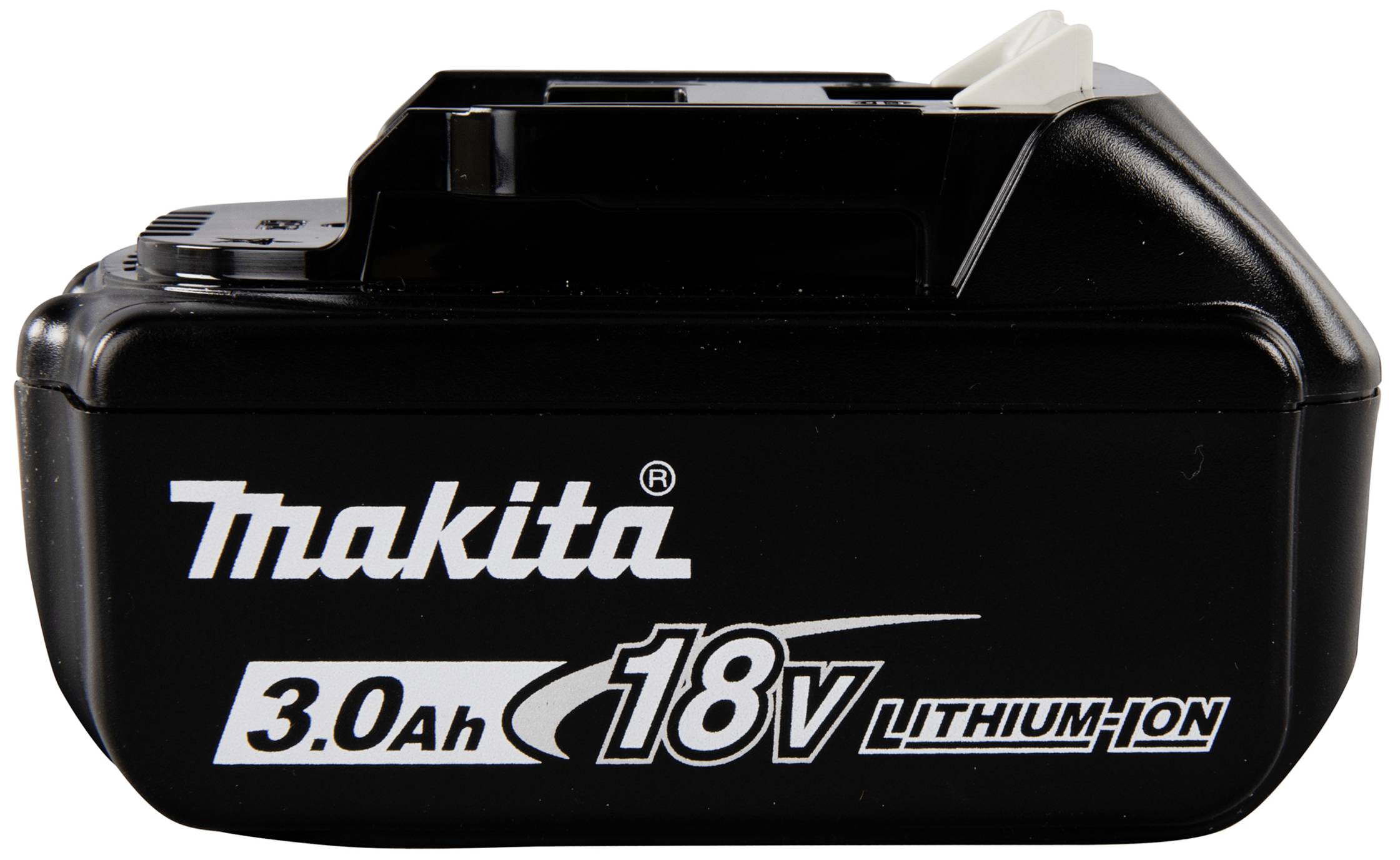 Schwarzer 18V Lithium-Ionen-Akku von Makita mit 3,0 Ah Kapazität.