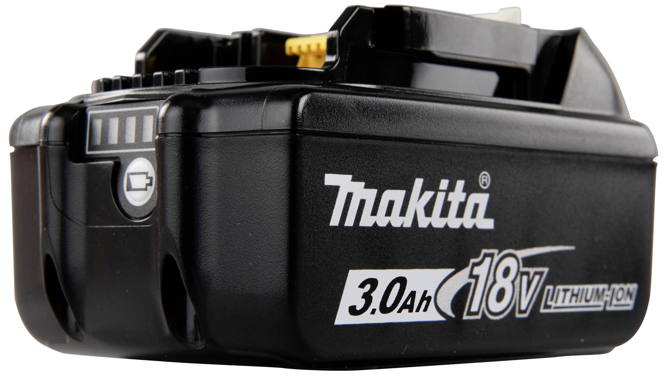 Makita Lithium-Ionen-Akku, 3.0 Ah, 18V. Rechteckige, schwarze Batterie mit Herstellerlogo, geeignet für Elektrowerkzeuge.