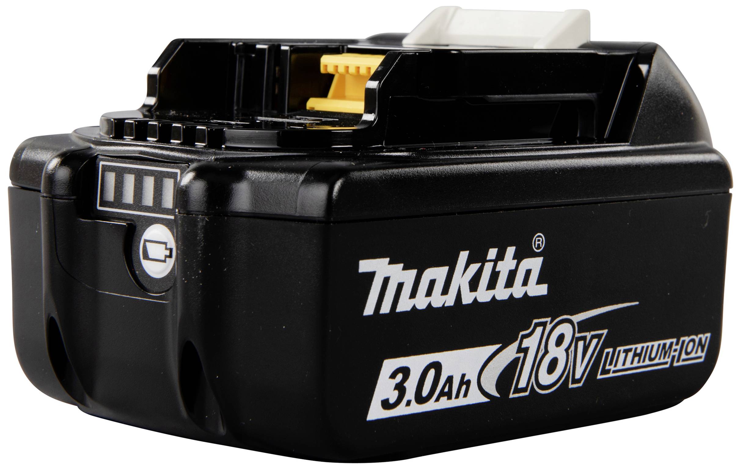 Schwarzer 18V Lithium-Ionen-Akku mit Makita-Logo, 3,0 Ah Kapazität; Ladezustandsanzeige zeigt drei Balken, gelbe Schnittstelle oben.
