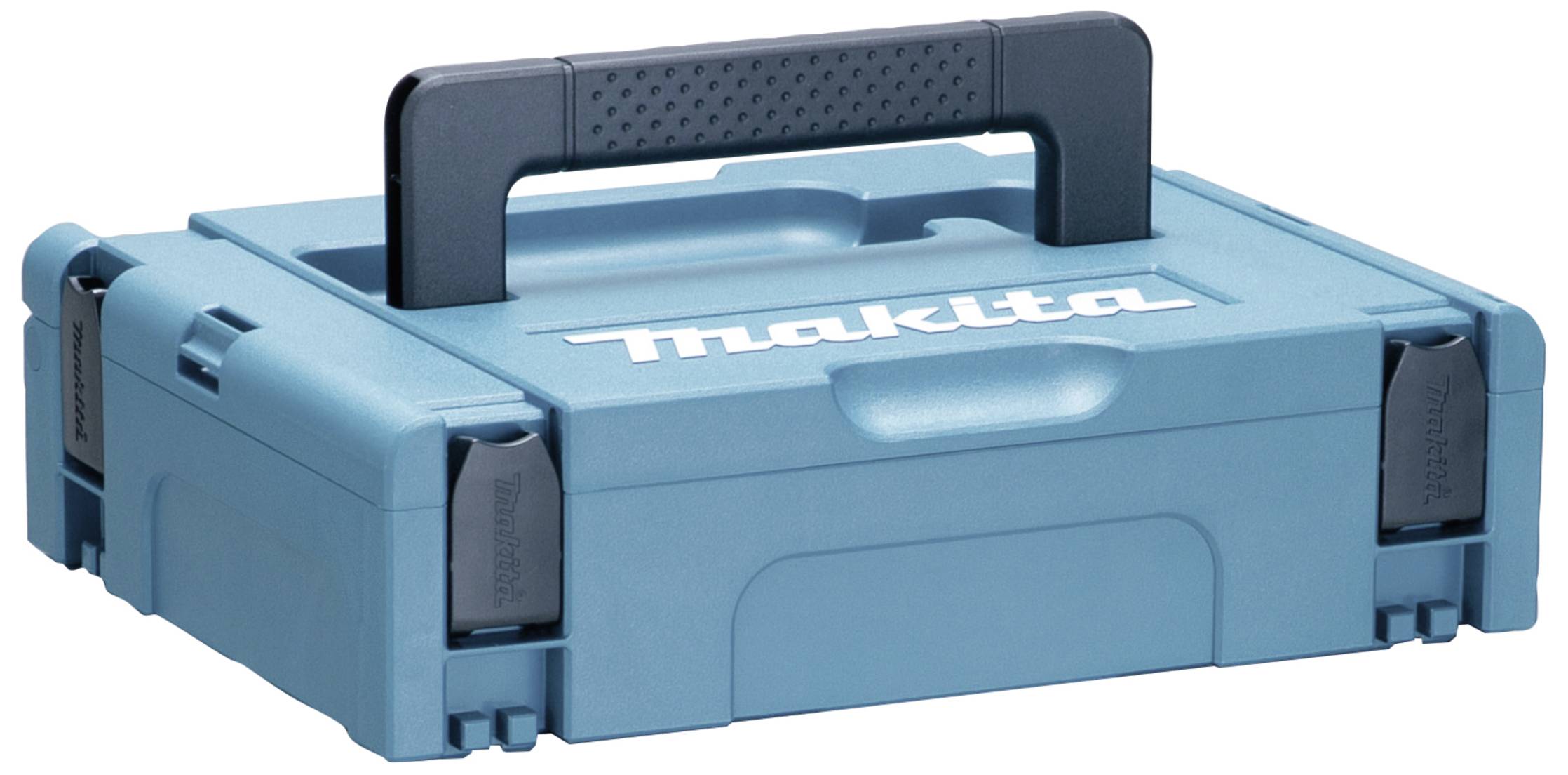 Ein blauer Makita-Koffer mit schwarzem Griff, geeignet zur Aufbewahrung von Werkzeugen. Der Koffer ist verschlossen und tragbar.