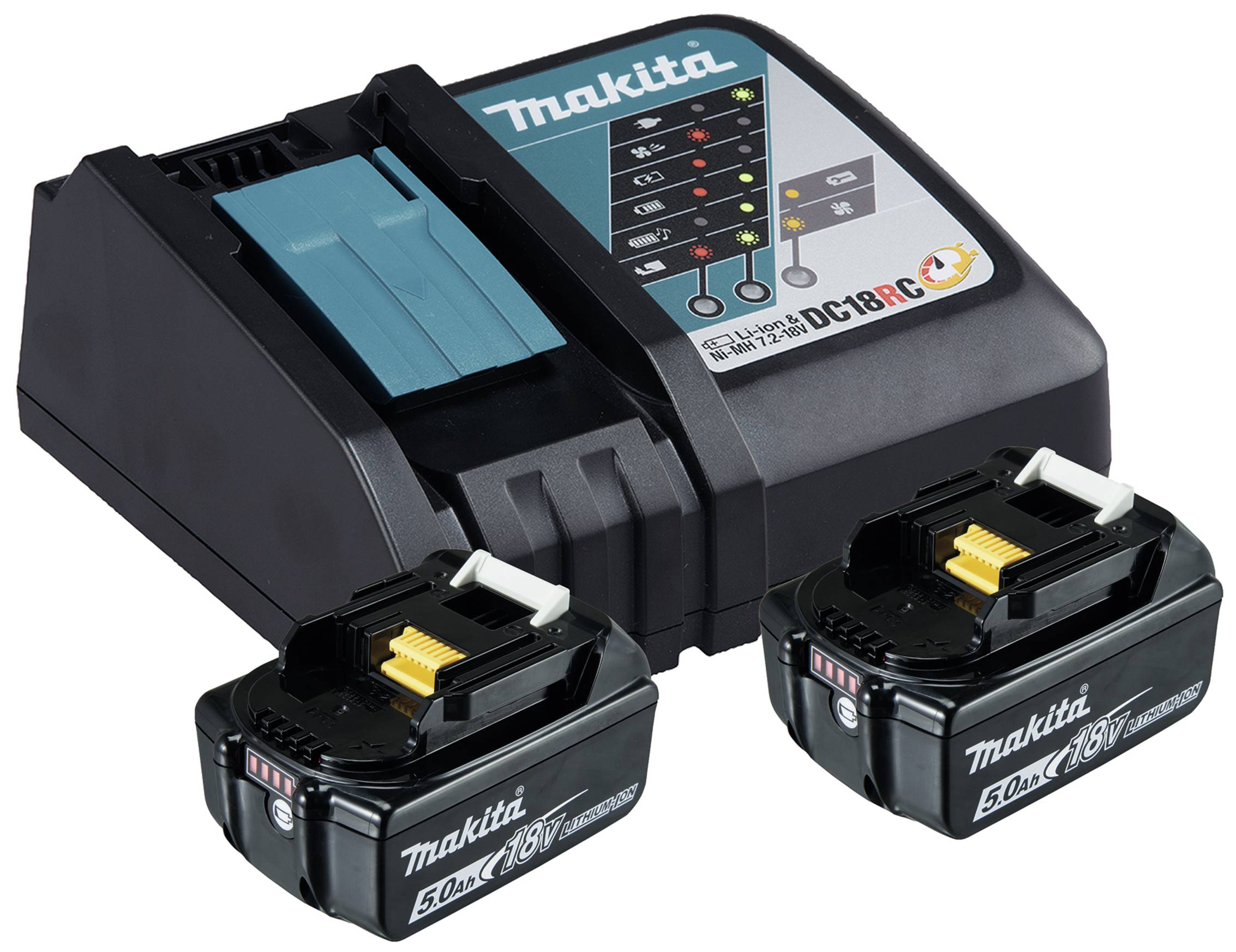 Makita Ladegerät Modell DC18RC mit zwei 18V 5,0Ah Akkus. Ladegerät zeigt Ladezustand und Fehlercodes mit LED-Anzeige.