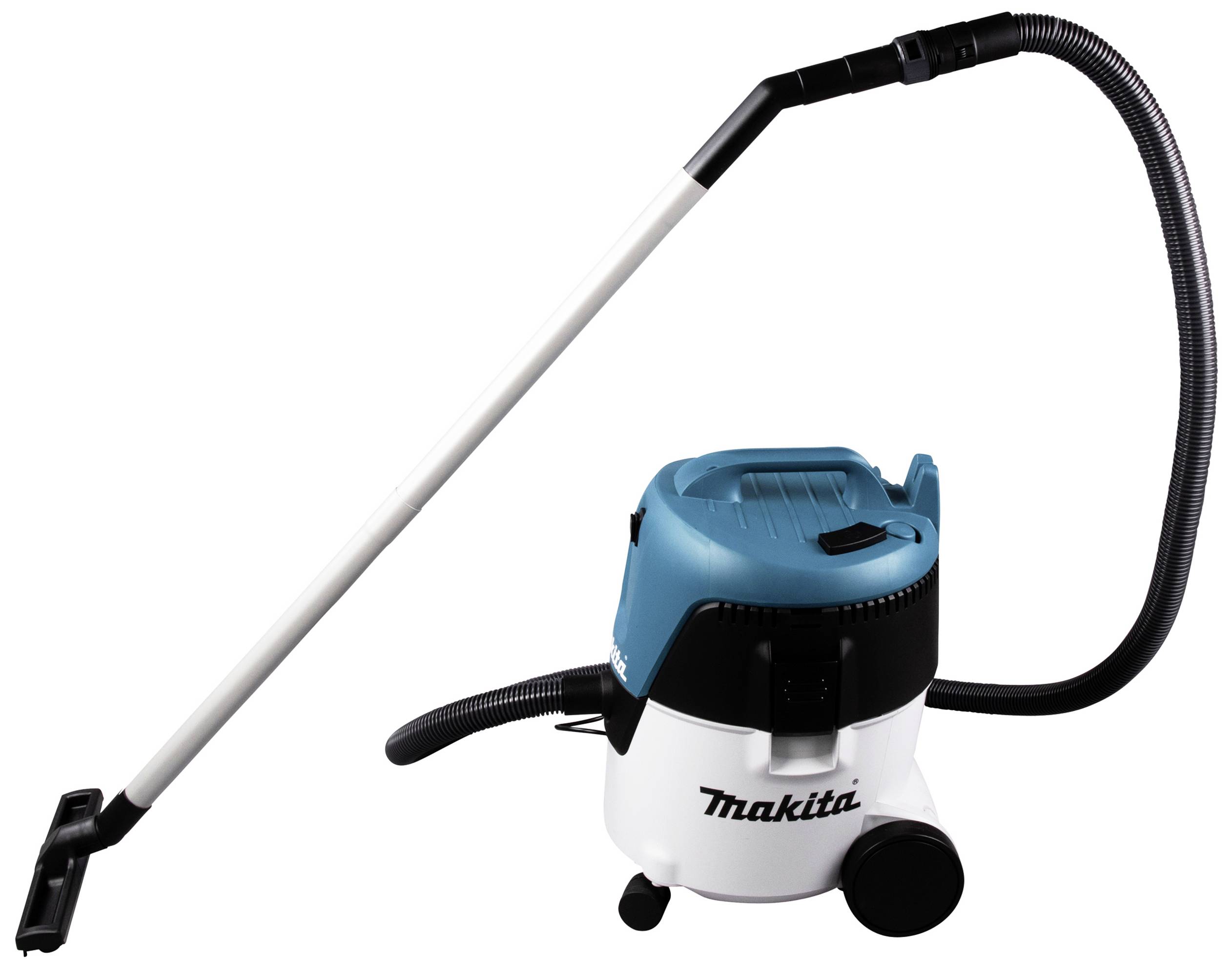 Ein Staubsauger mit blauem und weißem Gehäuse, einem langen, schwarzen Schlauch und einem Saugrohr.