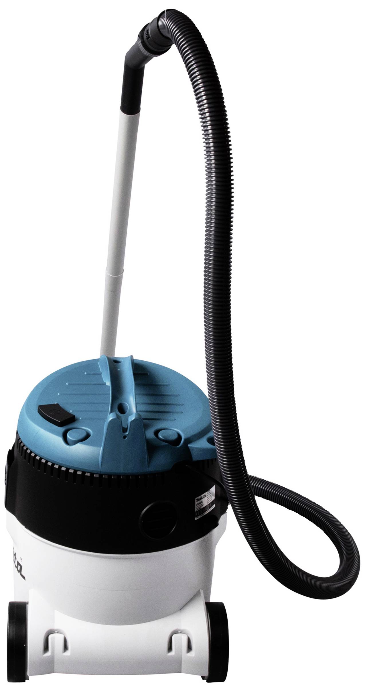 Ein weißer und türkisfarbener Staubsauger mit schwarzem Schlauch und einem großen Griff oben, geeignet für den Werkstatteinsatz.