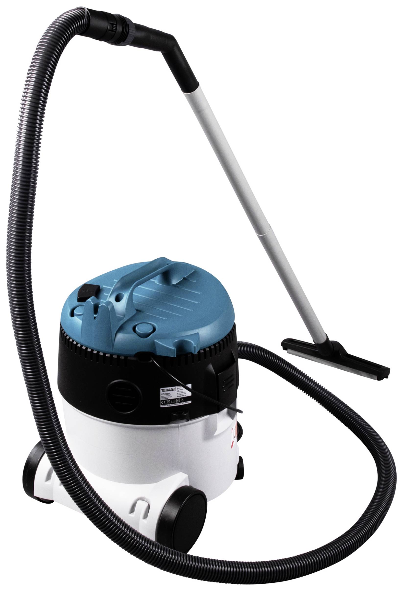 Industriestaubsauger mit langem Schlauch und kompakter Bauweise, ideal für große Flächenreinigungen in gewerblichen Umgebungen.