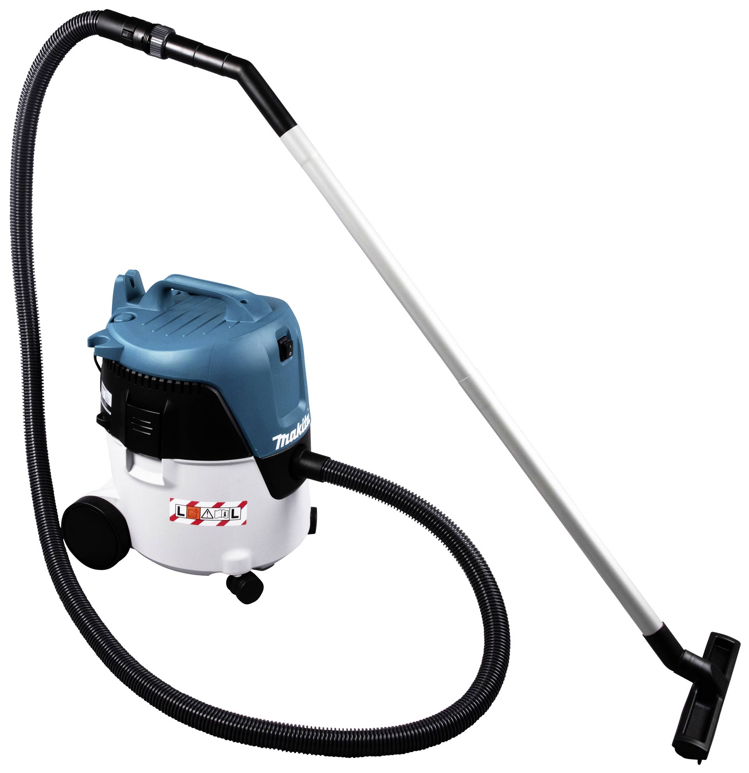 Ein blauer und weißer Staubsauger mit schwarzem Schlauch und Stange, auf Rollen montiert, steht seitlich vor weißem Hintergrund.