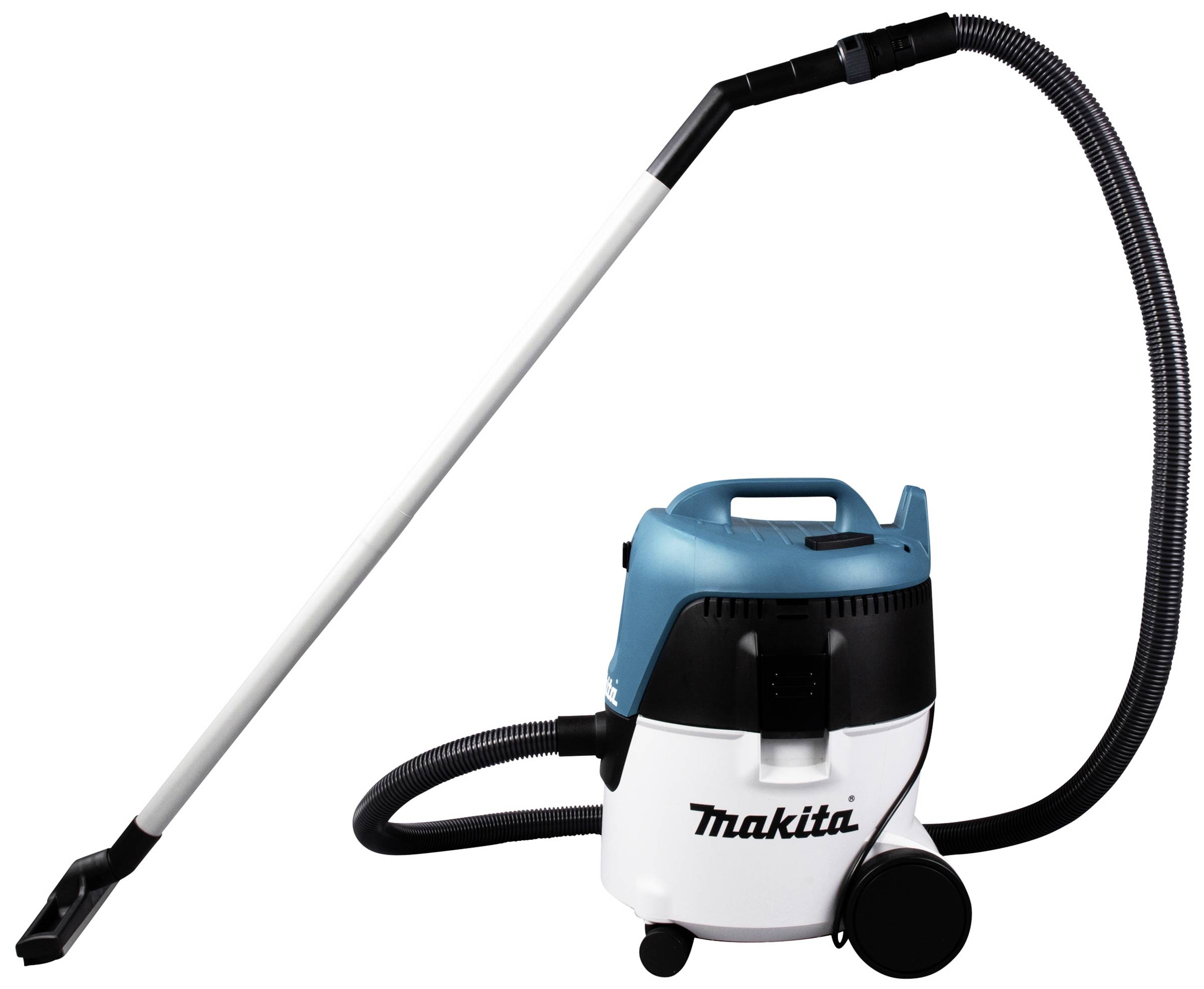 Staubsauger von Makita mit blauem Griff, schwarzem Schlauch und weißem Korpus. предназначен для уборки пыли и мелкого мусора.