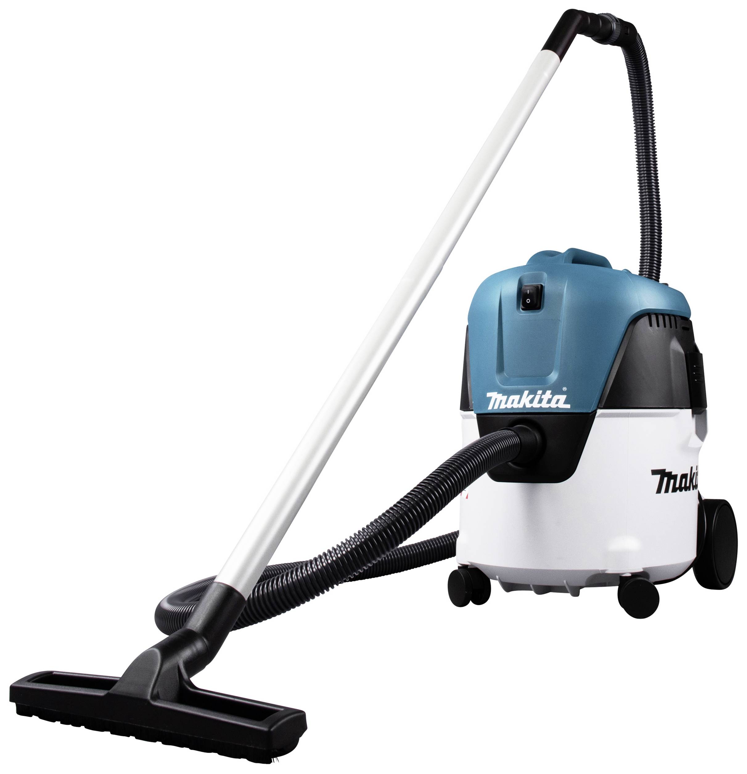 Ein Staubsauger mit blauem und weißem Gehäuse, schwarz-weißer Schlauch und Düse auf dem Boden. Er hat Räder für einfaches Bewegen.