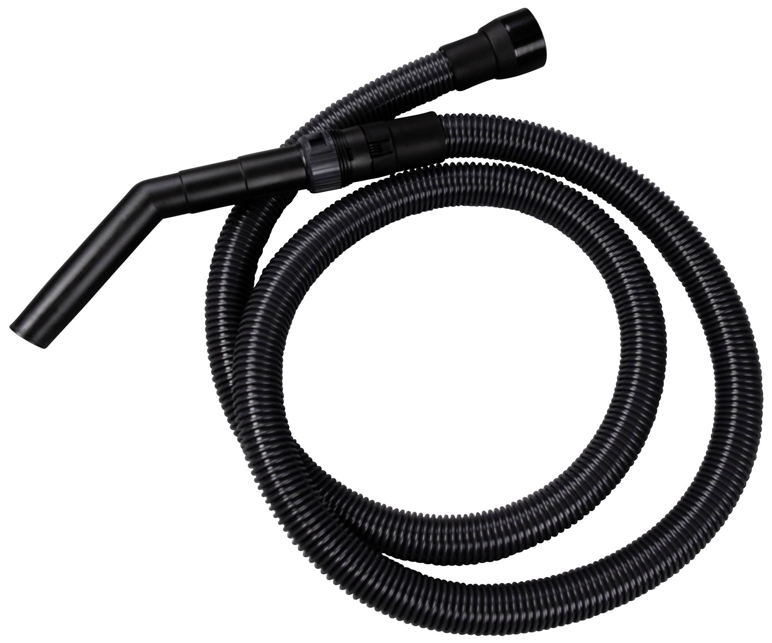 Schwarzer Staubsaugerschlauch mit gebogener Düse auf weißem Hintergrund.