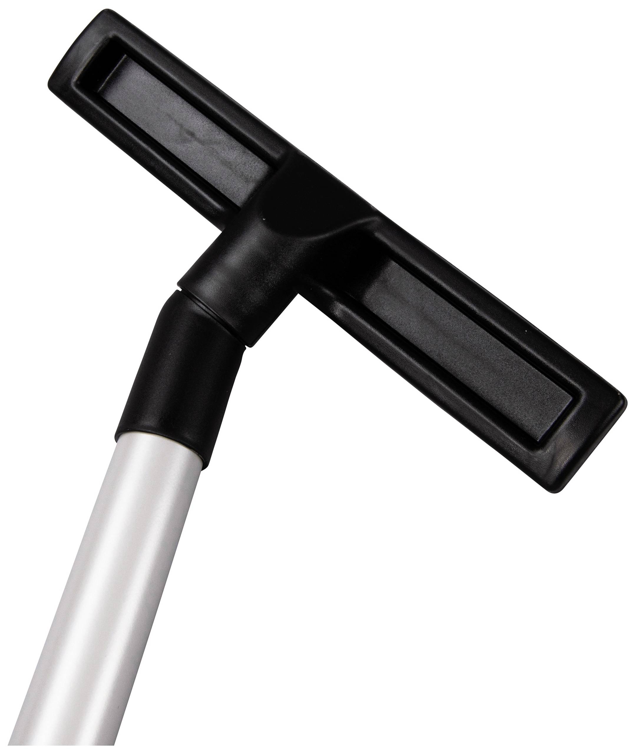 Bodenwischkopf mit silbernem Griff und schwarzem Kunststoffaufsatz, der für Reinigungszwecke genutzt wird.