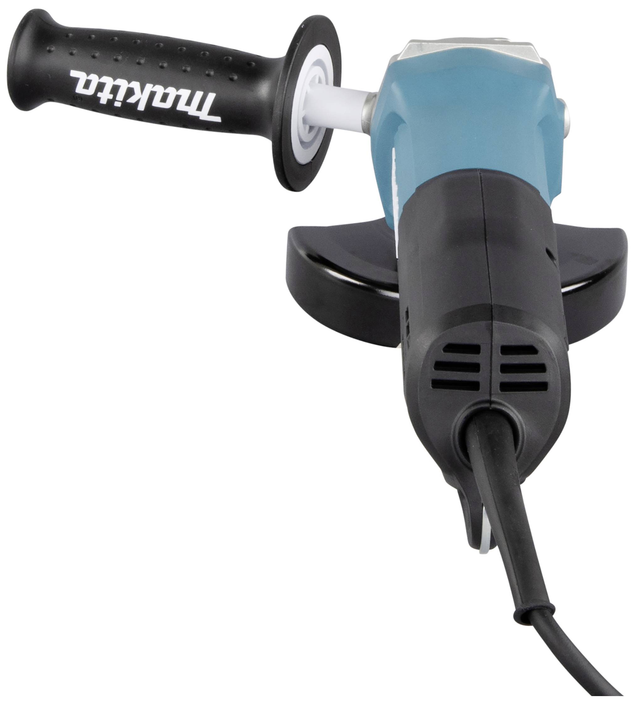 Ein blauer Winkelschleifer mit schwarzem Griff und Kabel. Die Marke ist seitlich auf dem Griff sichtbar.