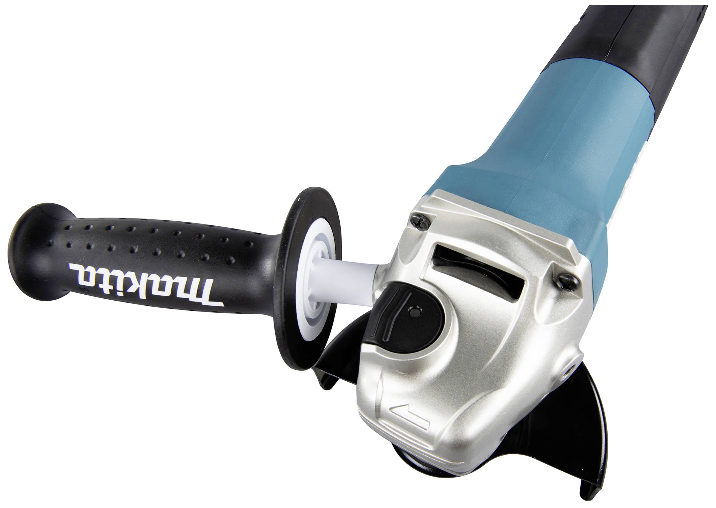 Ein Winkelschleifer in Nahaufnahme, blauer Körper mit schwarzem Griff.