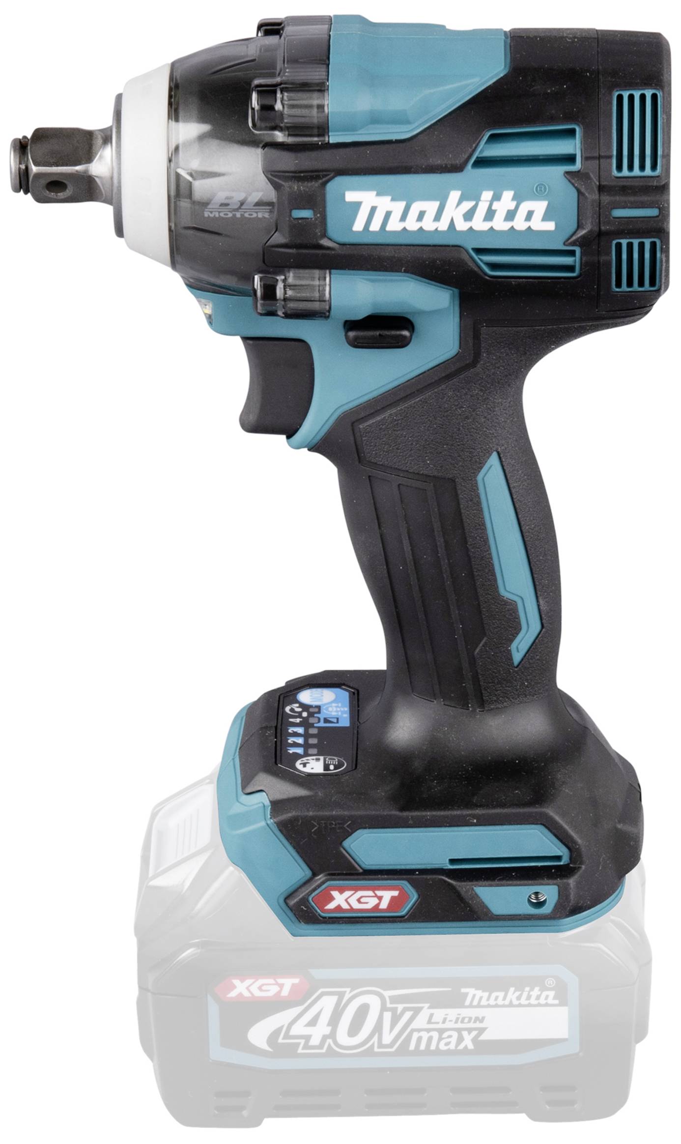 Ein kabelloser Schlagschrauber mit ergonomischem Design, blauer Akzentfarbe und einer 40V-Batterie von Makita, geeignet für schwere Aufgaben.