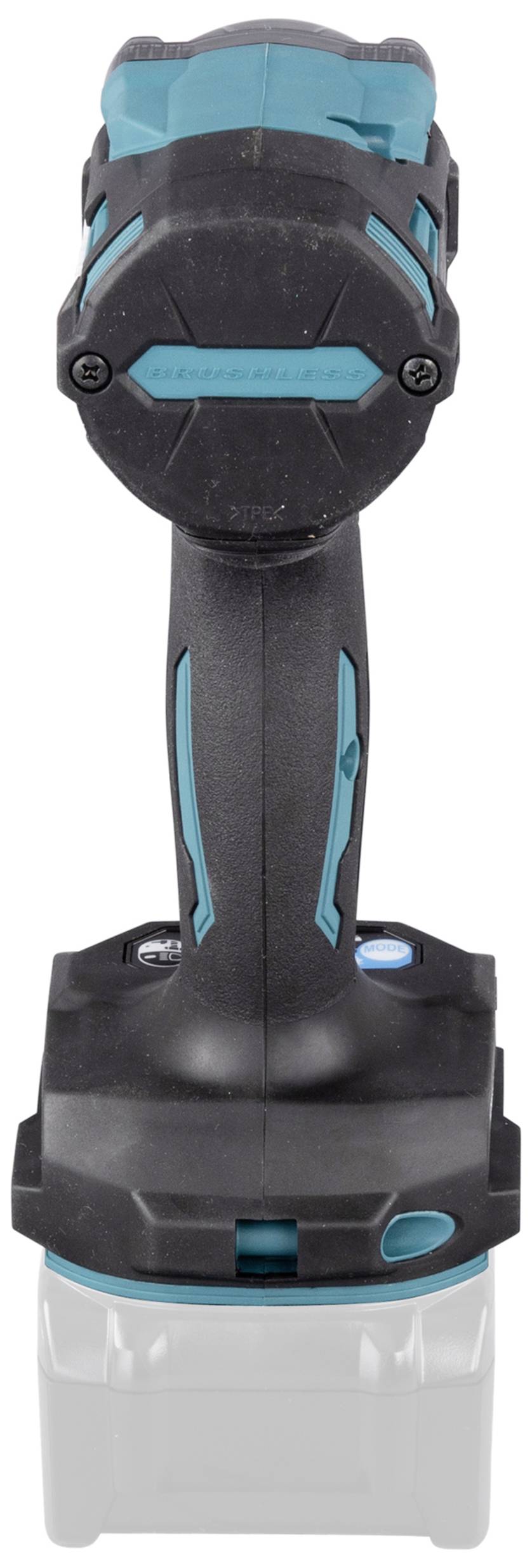 Akku-Bohrschrauber mit blau-schwarzem Gehäuse und ergonomischem Griff. Batteriefach unten sichtbar. Werkzeug ohne eingesetzte Batterie.