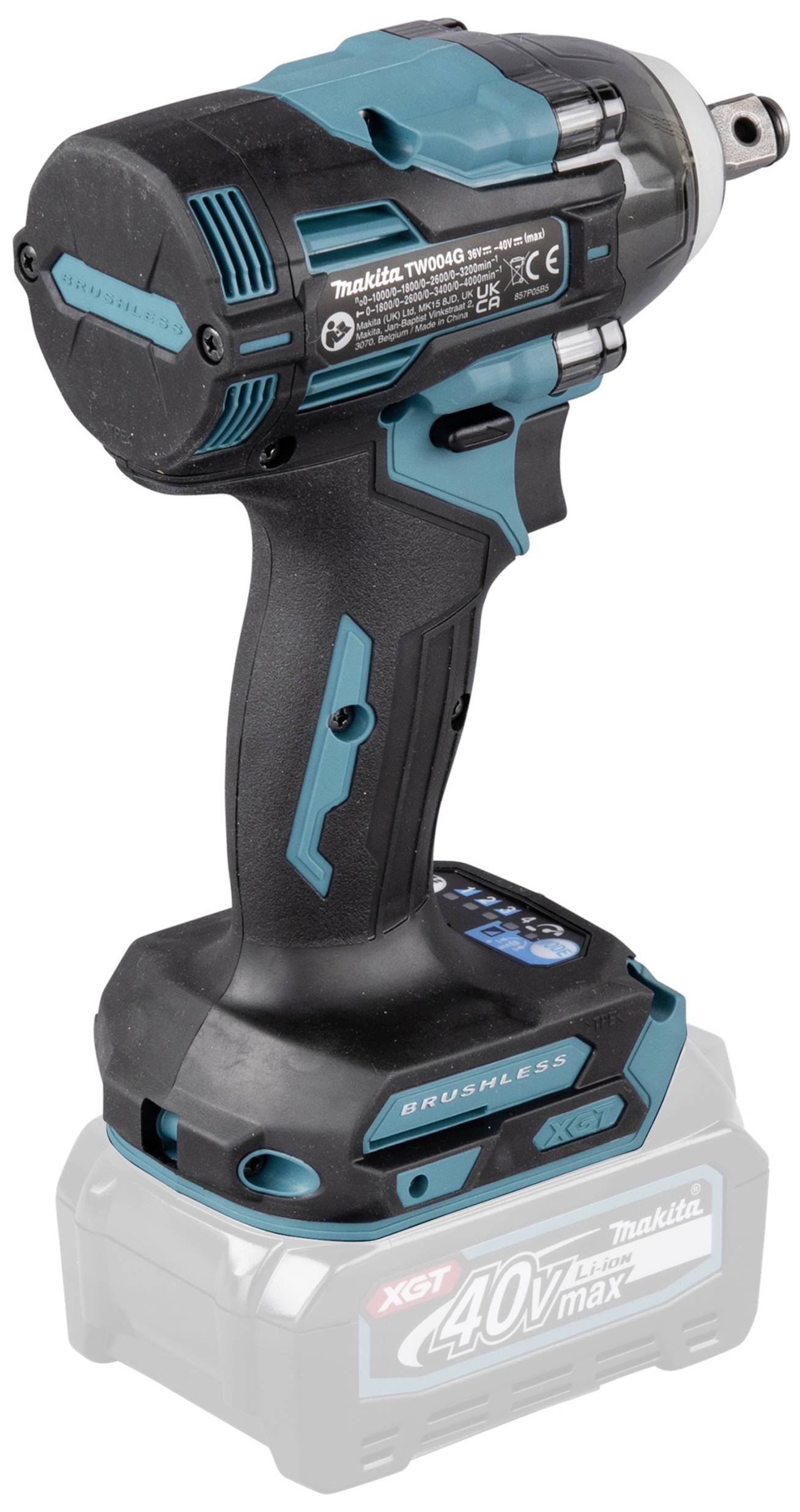 Akkuschlagschrauber in Schwarz und Blau mit Makita-Logo. 40V max Testaufkleber an der Basis. Kompaktes, kabelloses Design.