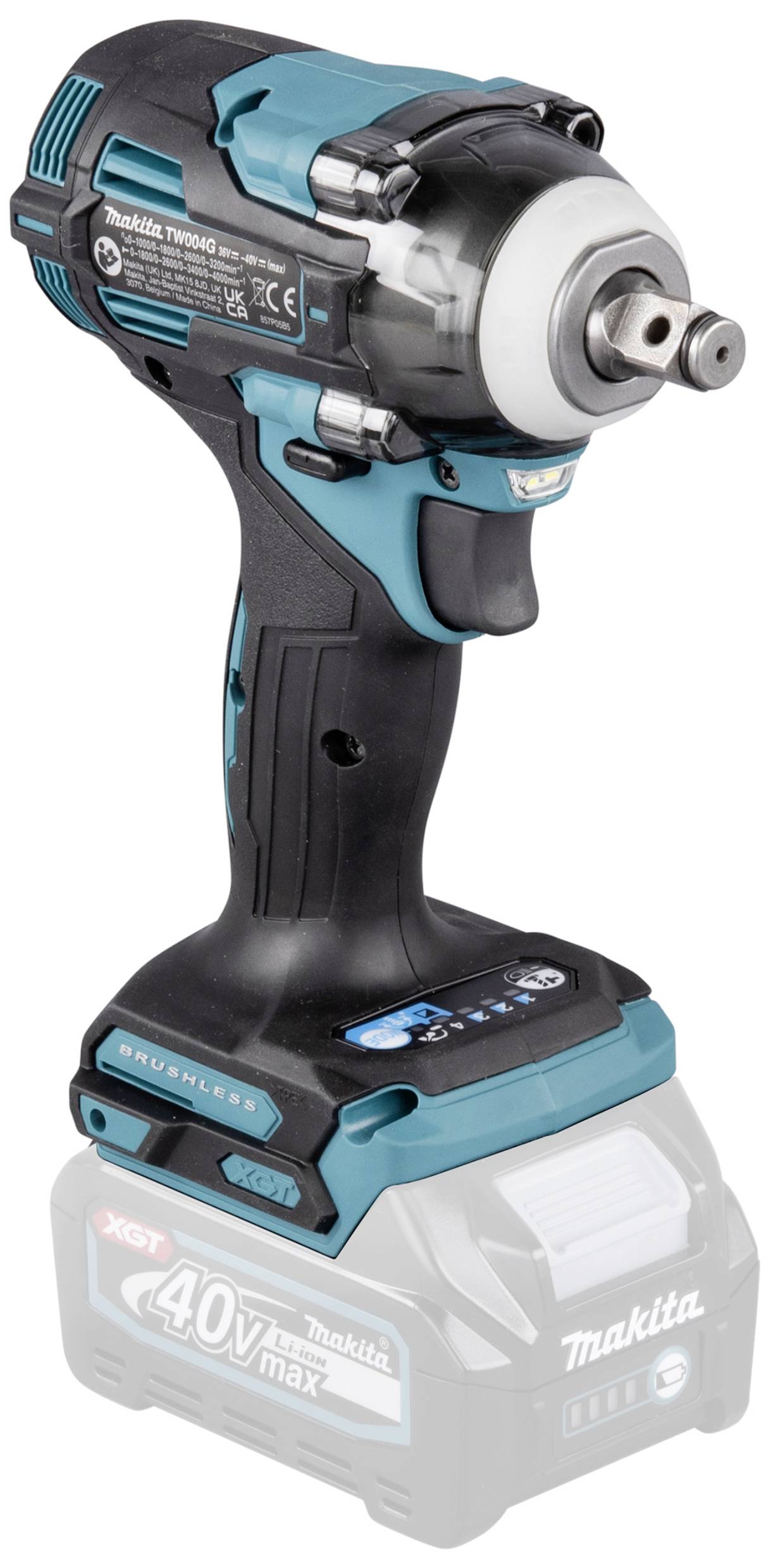 Akkuschlagschrauber von Makita, Modell XGT 40V max, in blau-schwarzer Farbe mit bürstenlosem Motor.