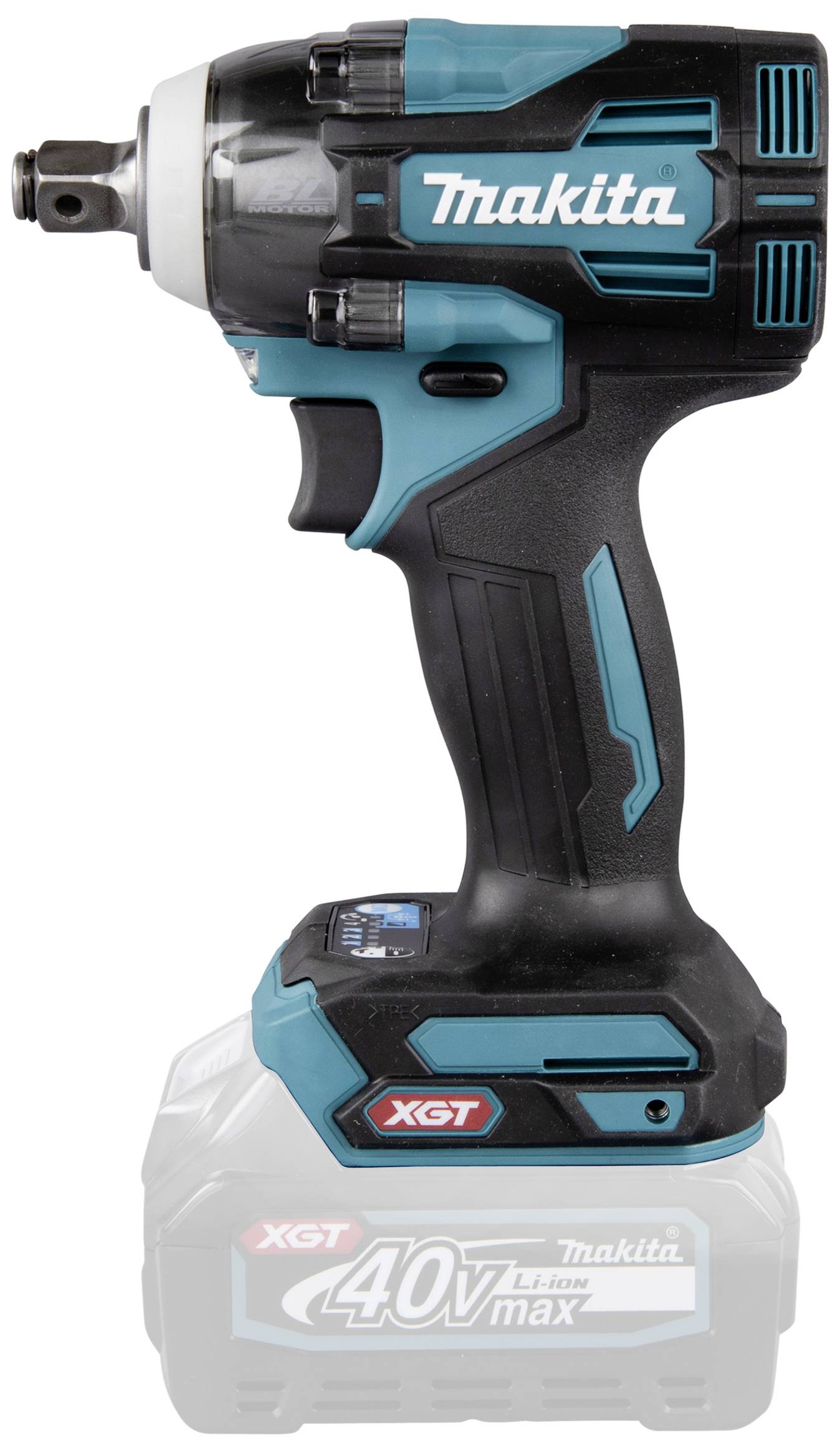 Ein kabelloser Akkuschlagschrauber der Marke Makita mit einem 40V max Akku, schwarz-türkisfarbenes Design.