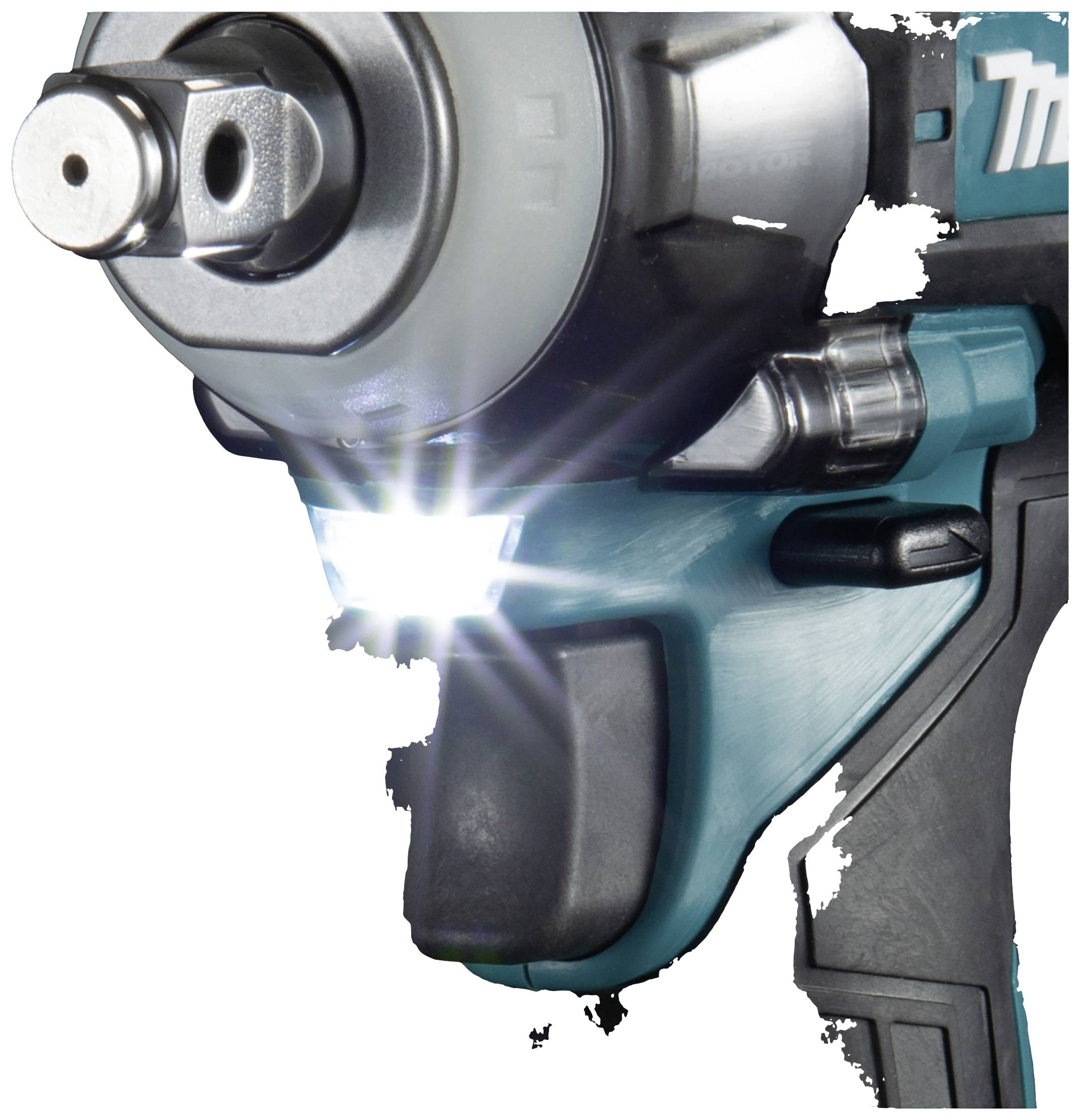 Akkuschrauber im Einsatz mit leuchtender LED-Lampe, zeigt einen Teil des Geräts aus der Nähe. Hauptfarbe ist Türkis.