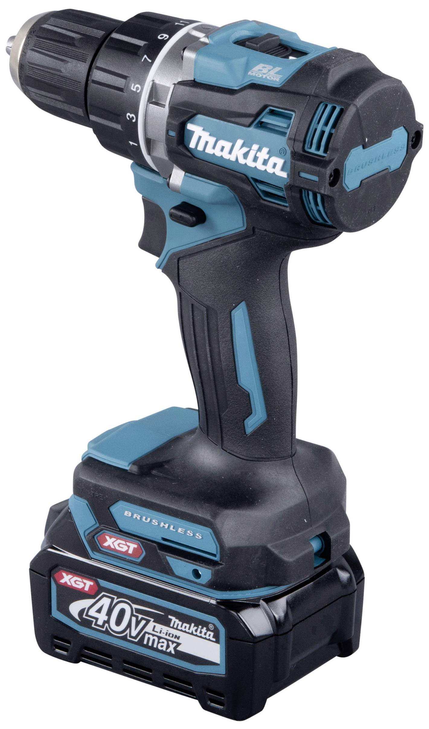 Ein blauer Akkuschrauber mit schwarzem Griff und 40V Batterie, geeignet für Heimwerkerprojekte und professionelle Anwendungen.