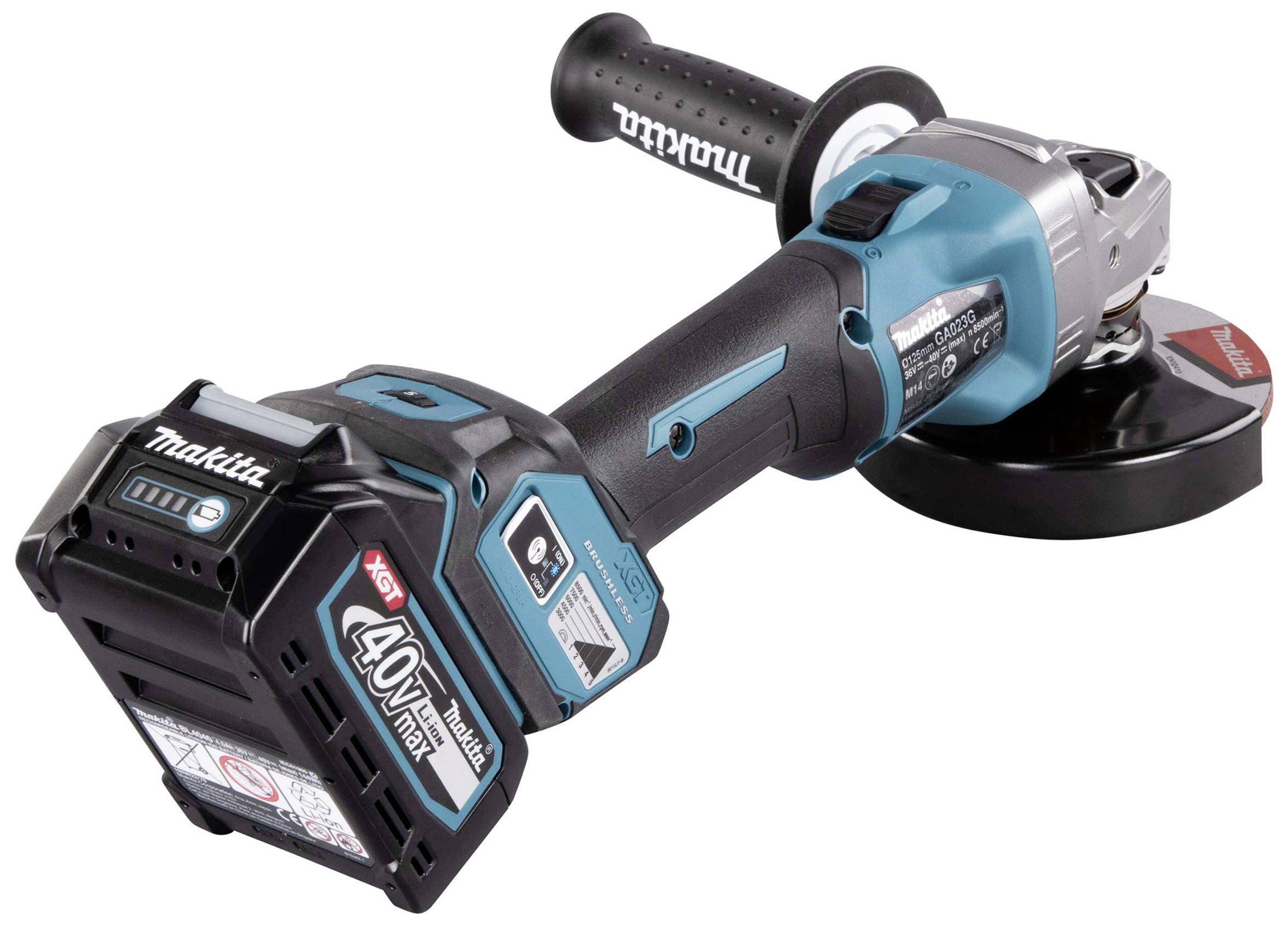 Akku-Winkelschleifer von Makita, Modell mit 40V Akku, ergonomischem Griff und Schutzabdeckung, geeignet für vielseitige Schneidearbeiten.