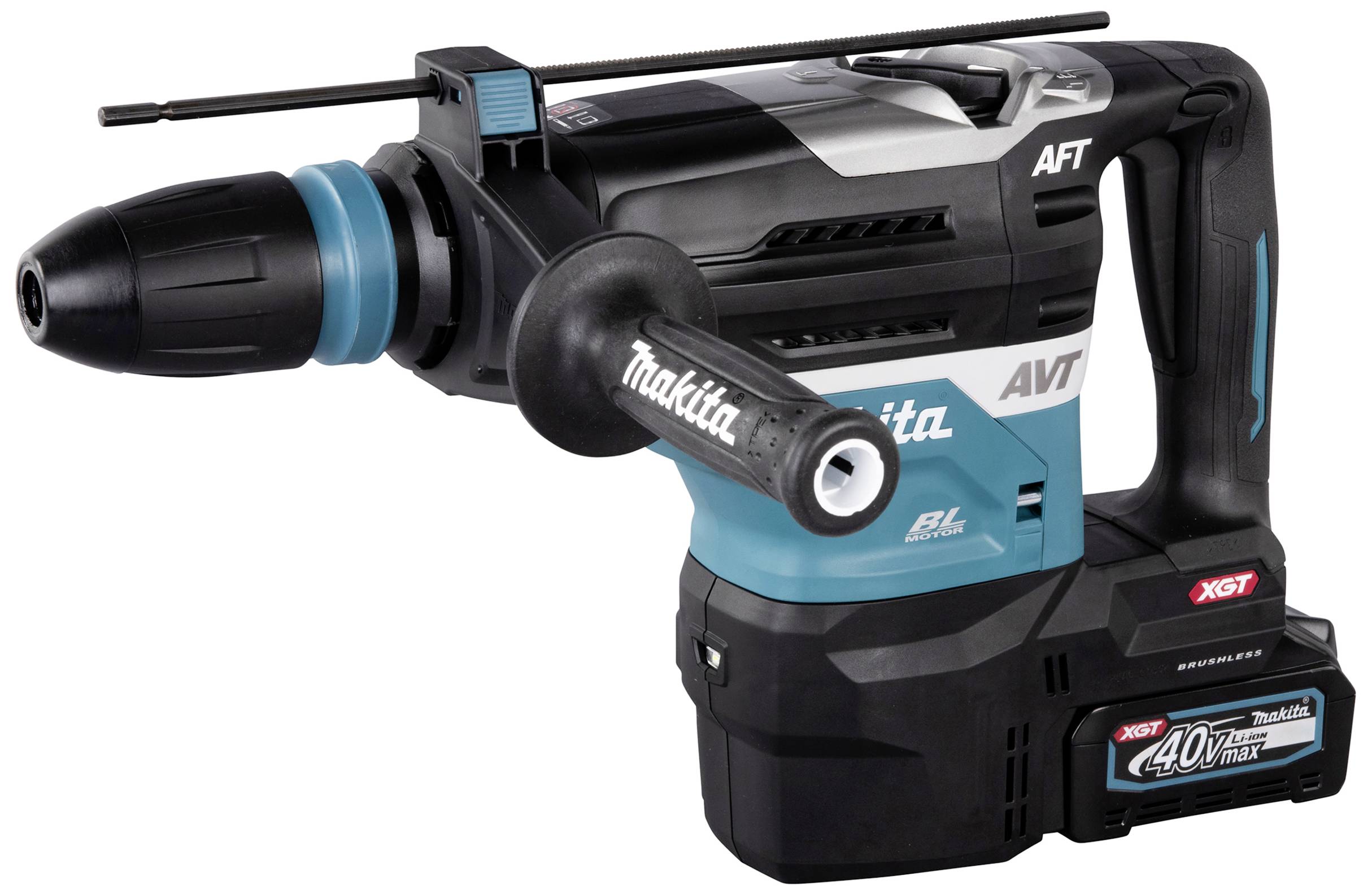 Das Bild zeigt einen leistungsstarken Akku-Bohrhammer der Marke Makita in Blau und Schwarz mit einem 40V Max Akku.