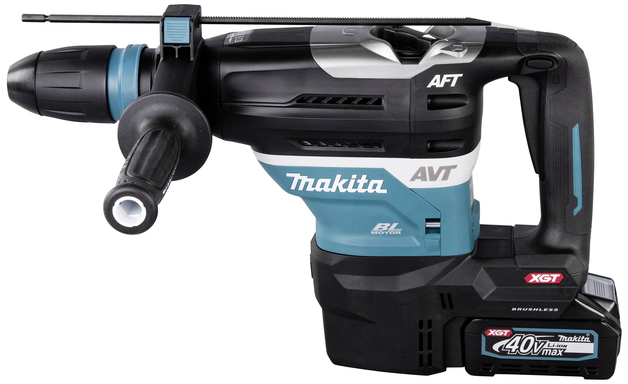 Ein kabelloser Bohrhammer der Marke Makita, Modell XGT 40V max, in schwarz und blau, mit einem ergonomischen Griff und SDS-Plusaufnahme.