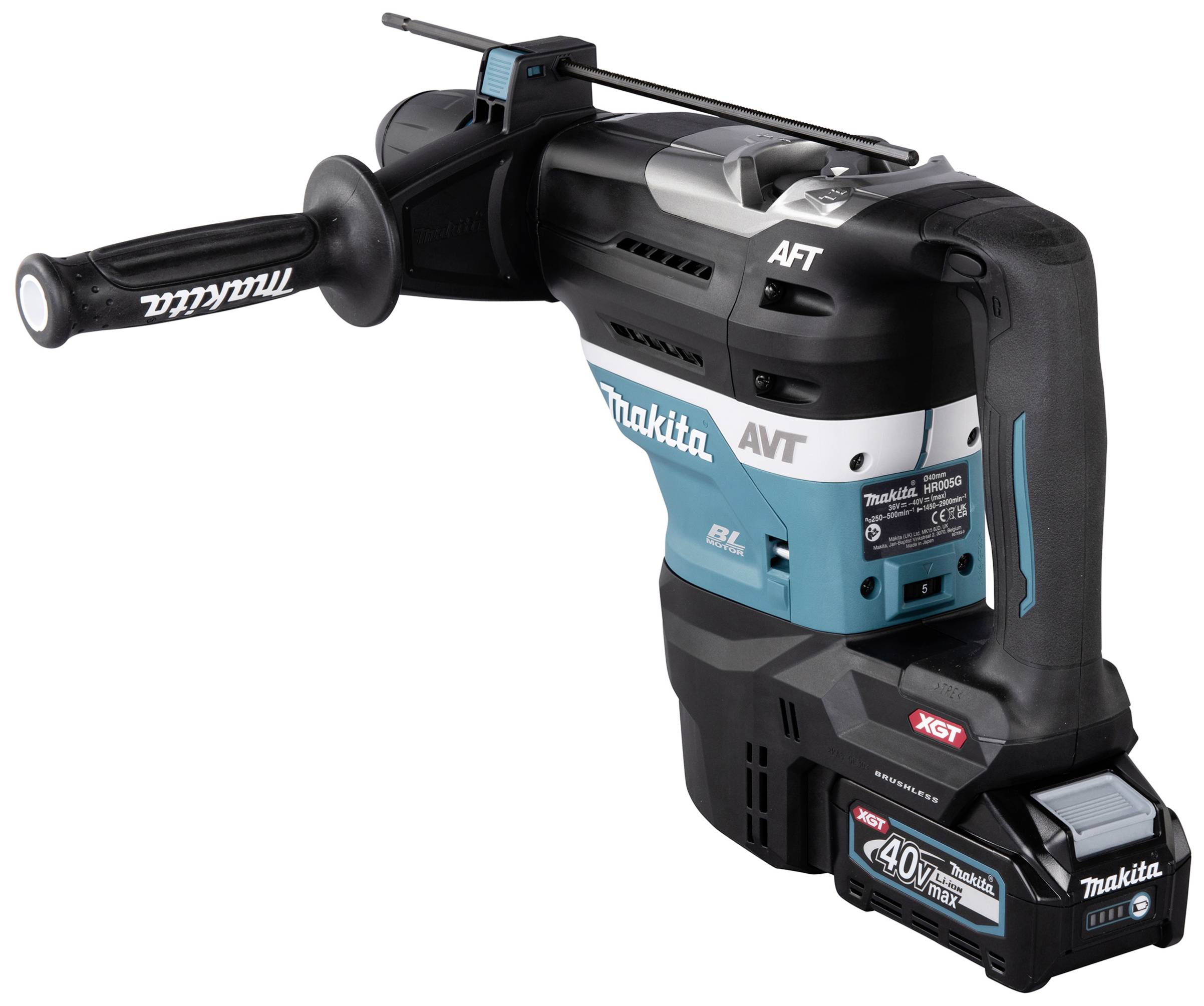 Ein blauer und schwarzer Bohrhammer mit Akku, markiert mit 'Makita' und '40V Max'. Er hat einen ergonomischen Griff und eine Modellnummer.