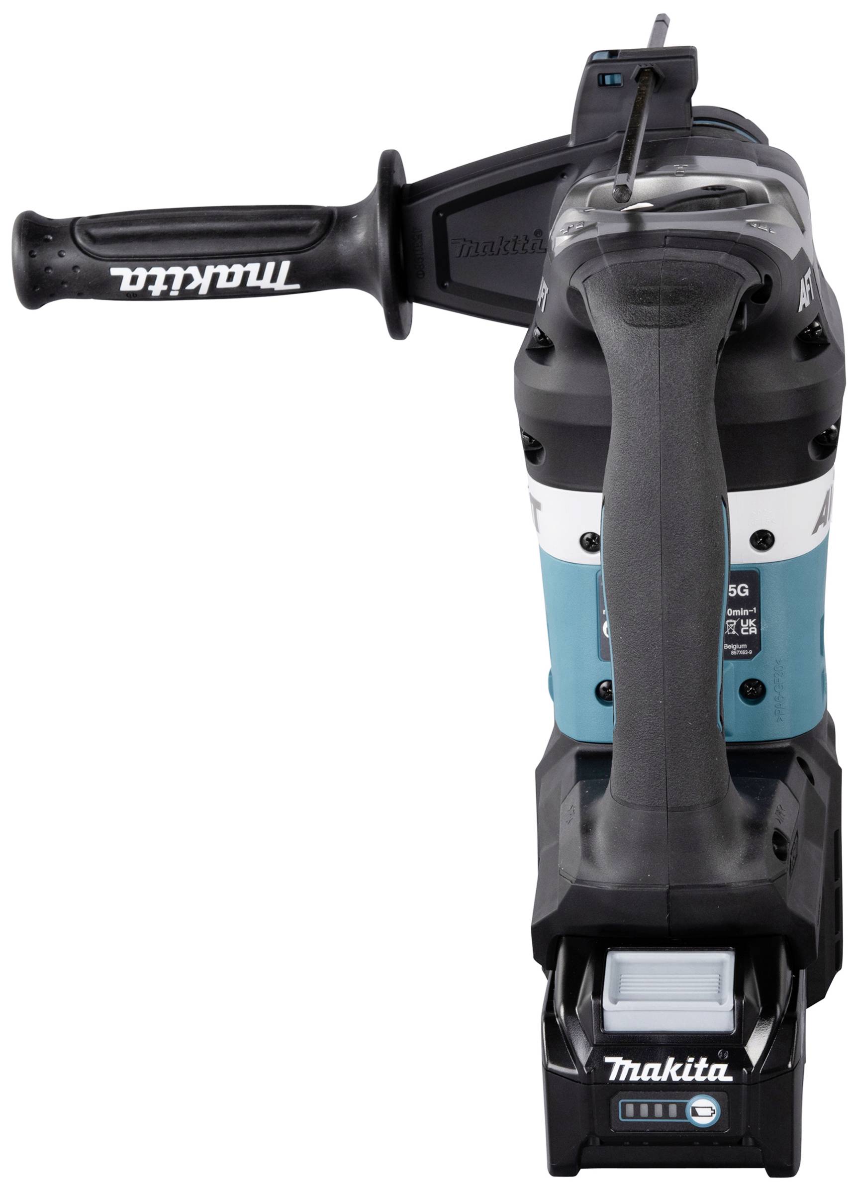 Ein Makita Bohrhammer mit ergonomischem Griff und Akku. Werkzeug in aufrechter Position, bereit zur Nutzung.