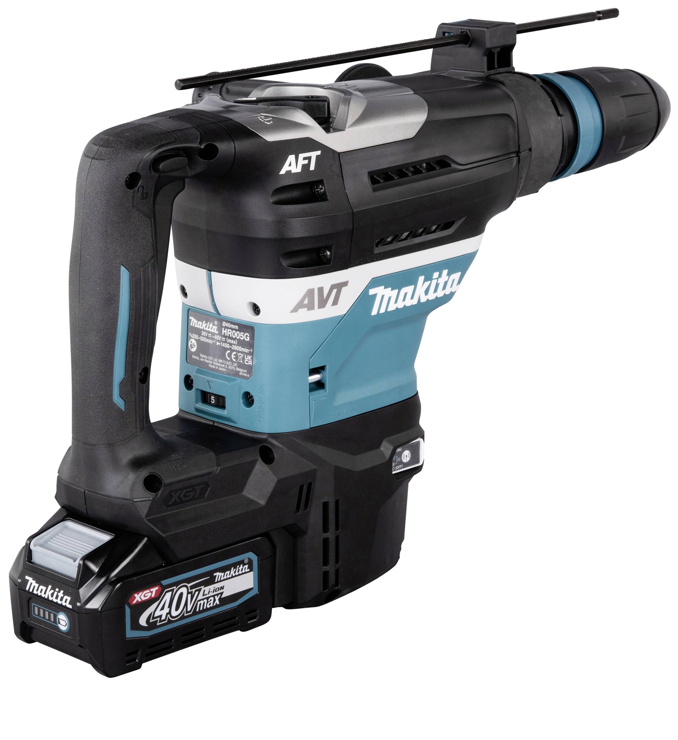 Ein blauer und schwarzer kabelloser Bohrhammer von Makita, Modell XGT 40Vmax, mit ergonomischem Griff und robustem Design.