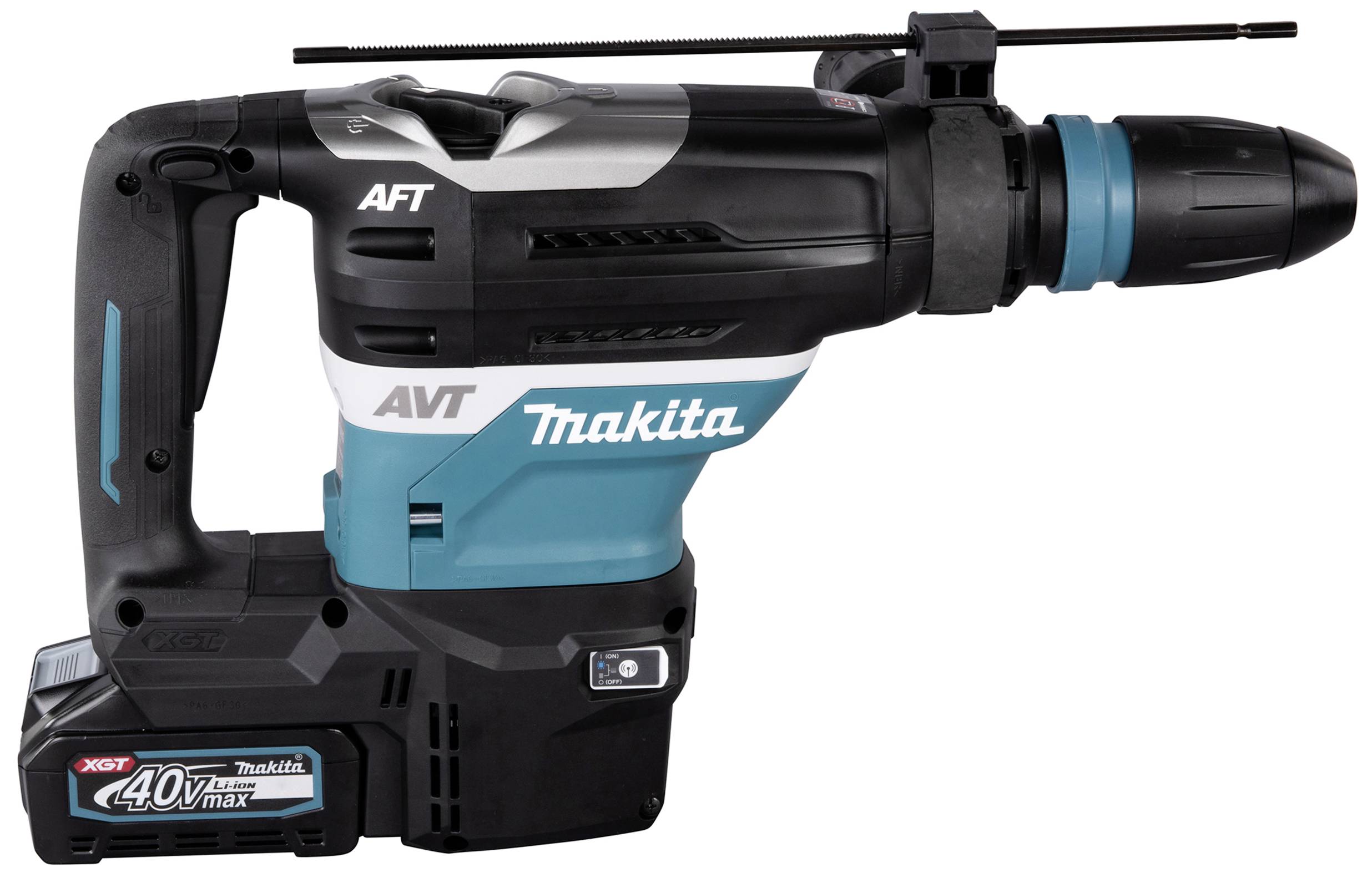 Bohrhammer mit Akku von Makita, Modell mit blauem und schwarzem Gehäuse.