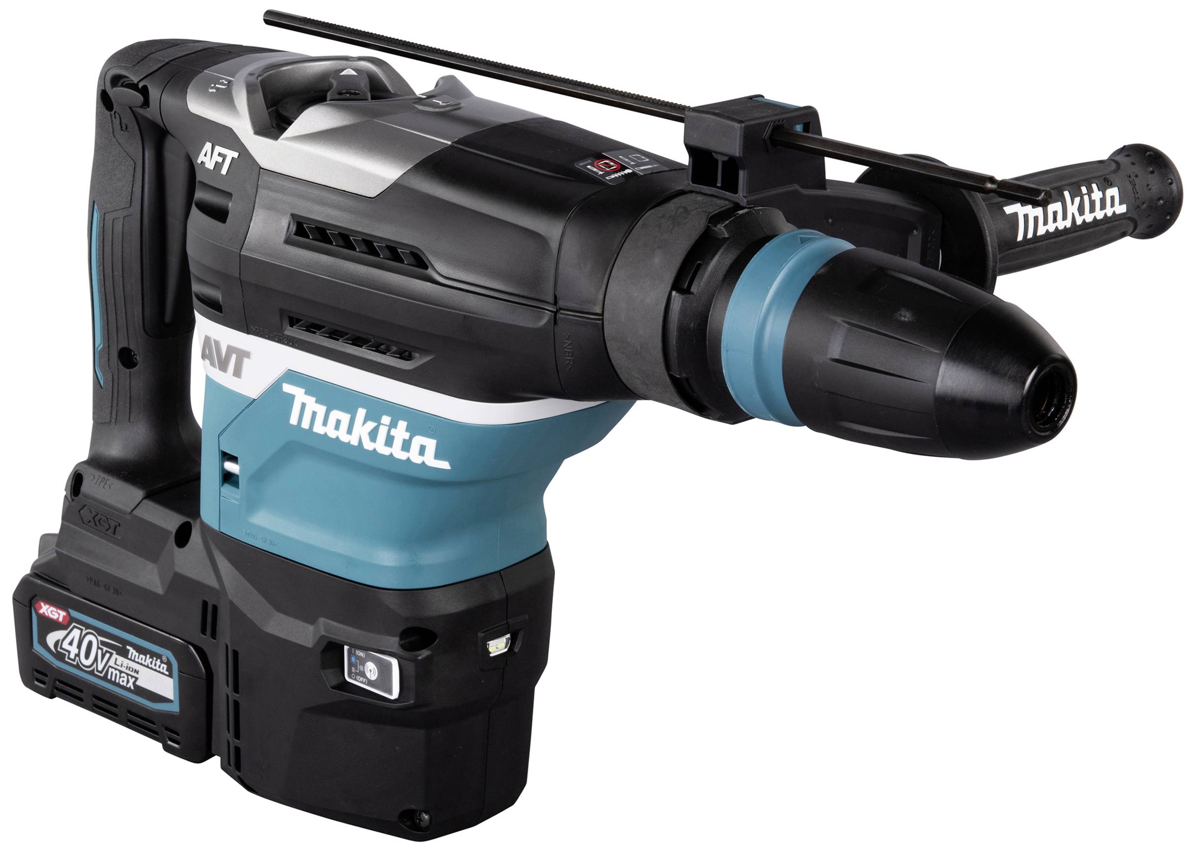 Professioneller Bohrhammer 'Makita' in schwarz-türkis. Ausgestattet mit robustem Griff und Bohrer, geeignet für schwere Bauarbeiten.