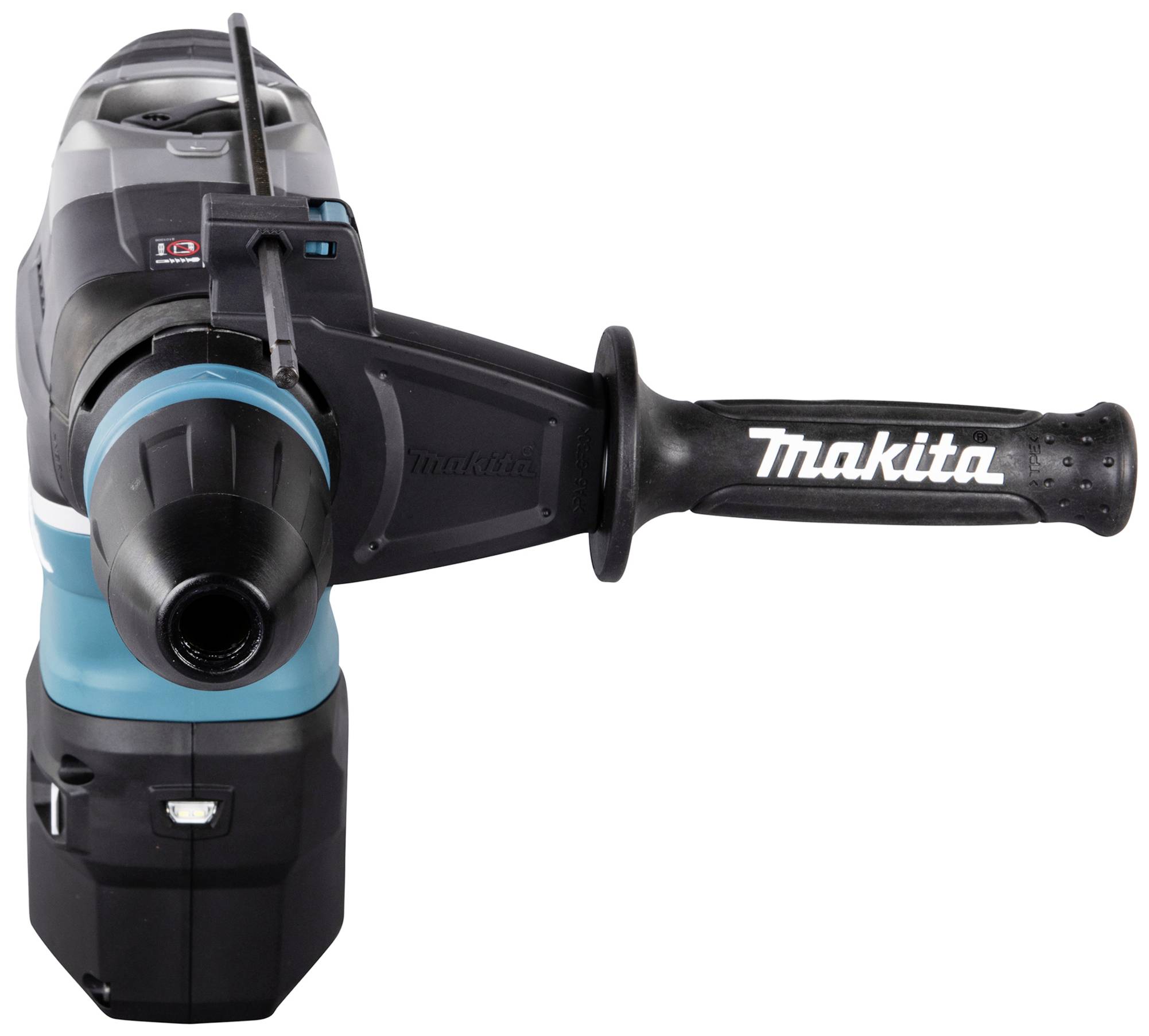 Ein elektrischer Bohrhammer mit schwarzem Griff und blauem Gehäuse, frontal abgebildet. Markennamen sichtbar auf dem Griff.