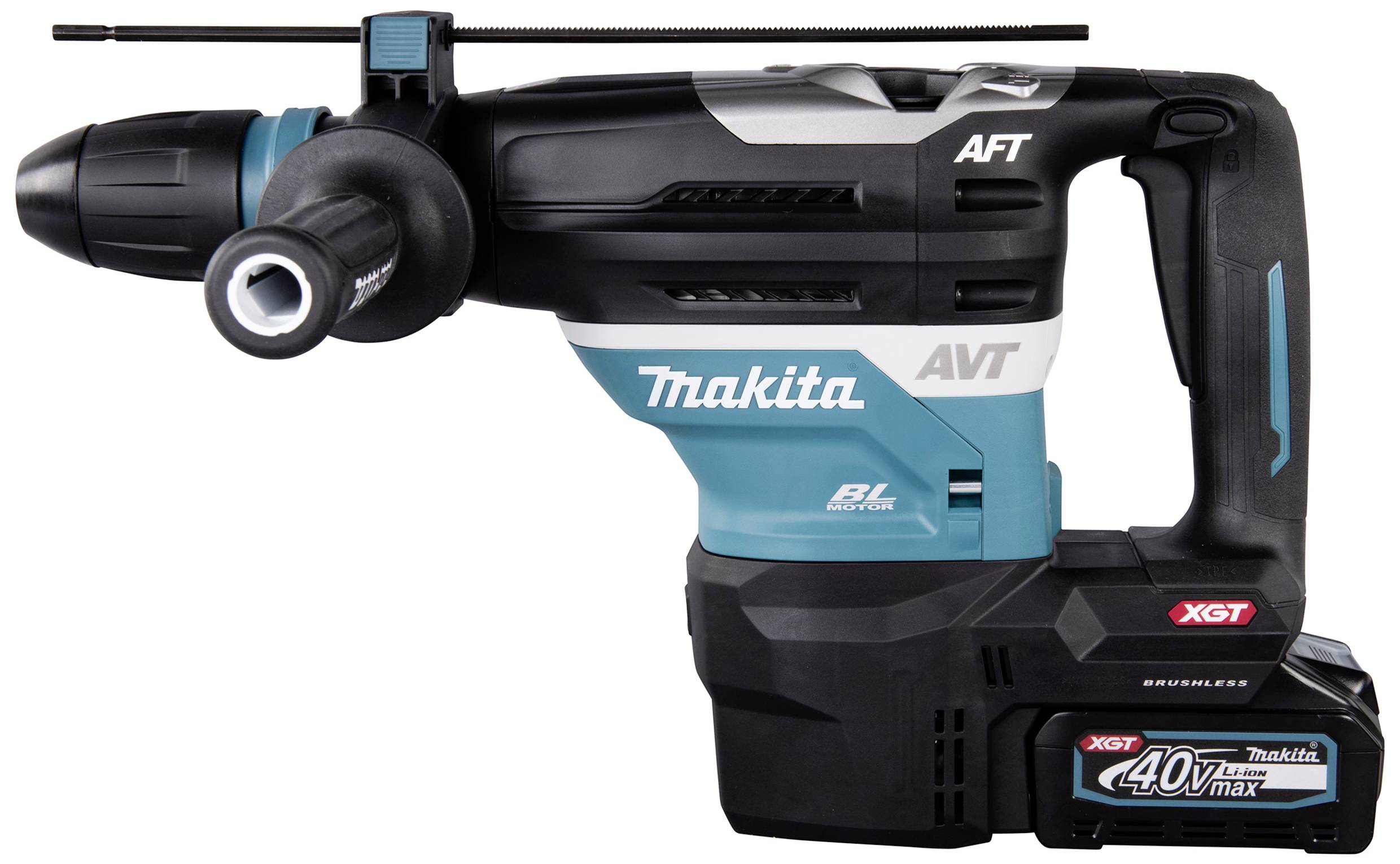 Akkubohrhammer der Marke Makita, Modell 40Vmax XGT. Schwarz-blaues Design, kabellos, mit robustem Gehäuse.