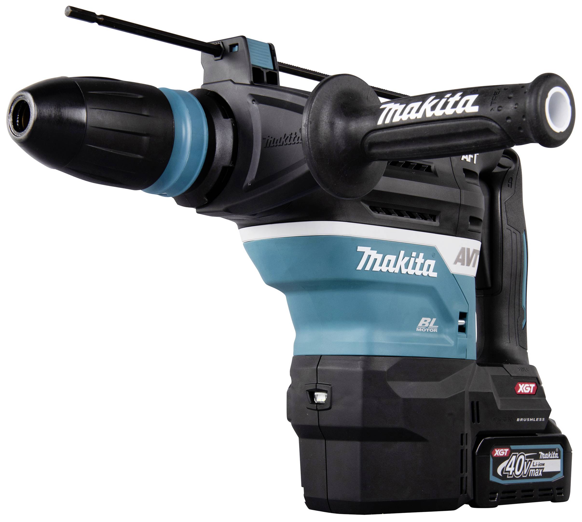 Ein kabelloser Bohrhammer in Blau und Schwarz, mit seitlichem Griff und Aufschrift 'Makita'. Er ist leistungsstark und für Bauarbeiten geeignet.