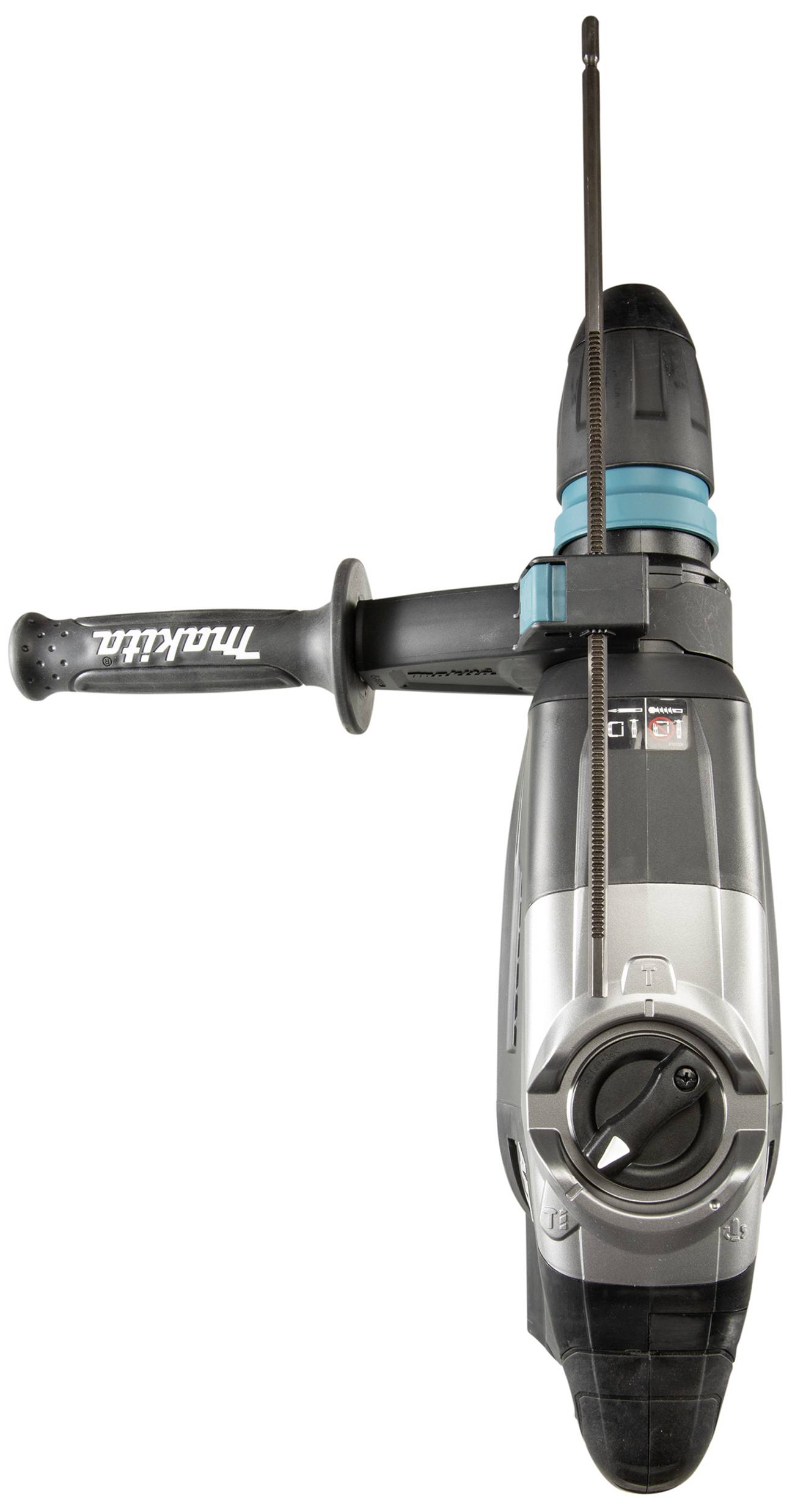 Elektrowerkzeug: Blau-schwarzer Bohrhammer mit Zusatzgriff und eingesetztem Bohrer, von oben betrachtet.