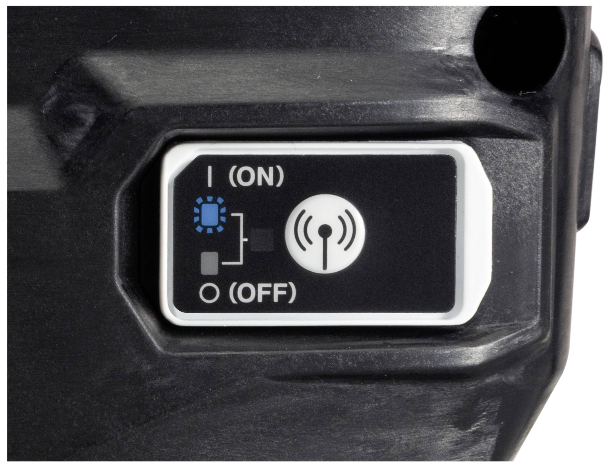 Schalter mit zwei Positionen: 'ON' für Hochleistung mit blauem Indikator, 'OFF' für niedrige Leistung, angezeigt durch ein Symbol.