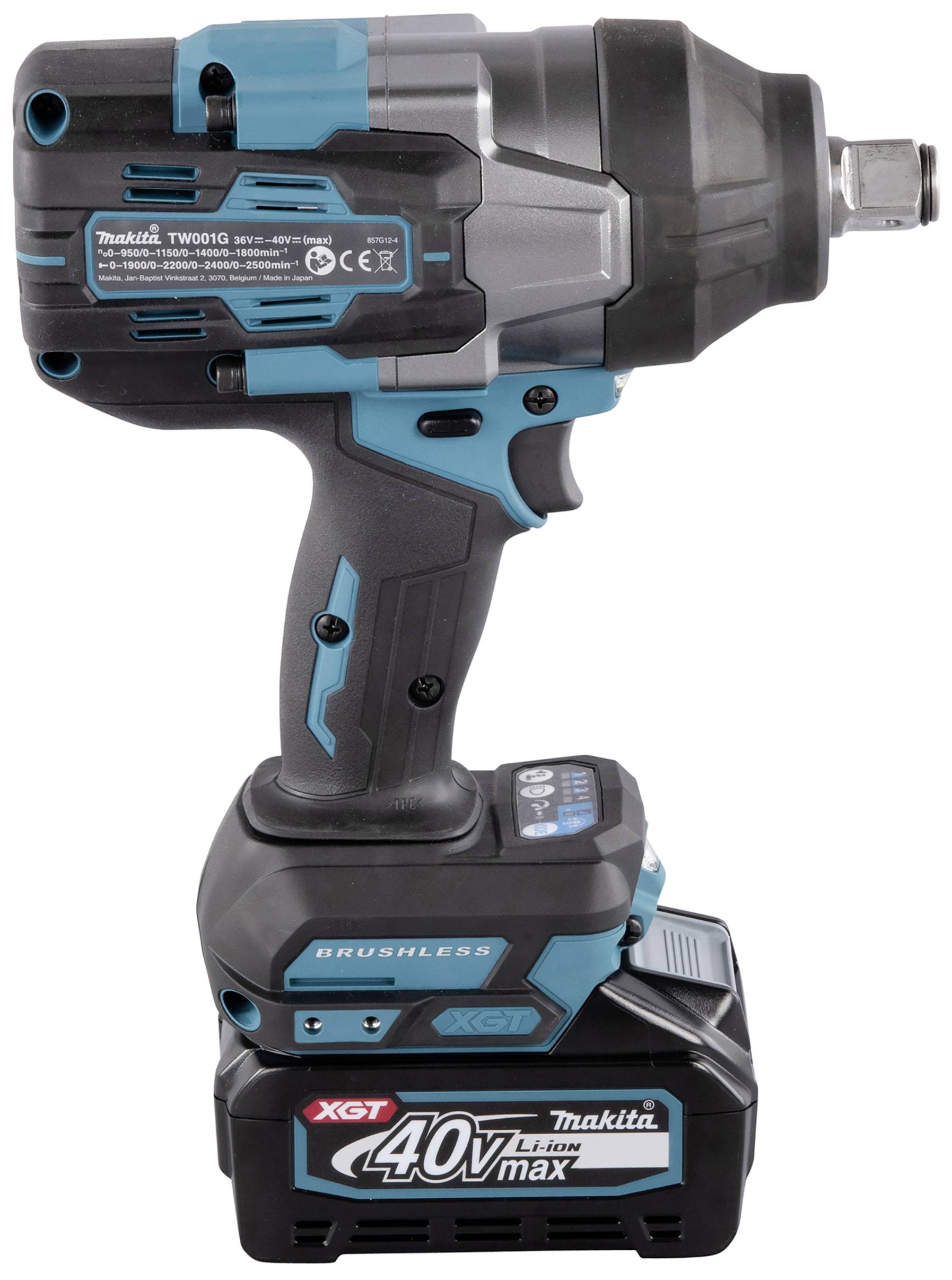 Akku-Schlagschrauber mit blau-schwarzem Gehäuse. Li-Ion 40V Max Batterie und bürstenlosem Motor, geeignet für schwere Schraubarbeiten.