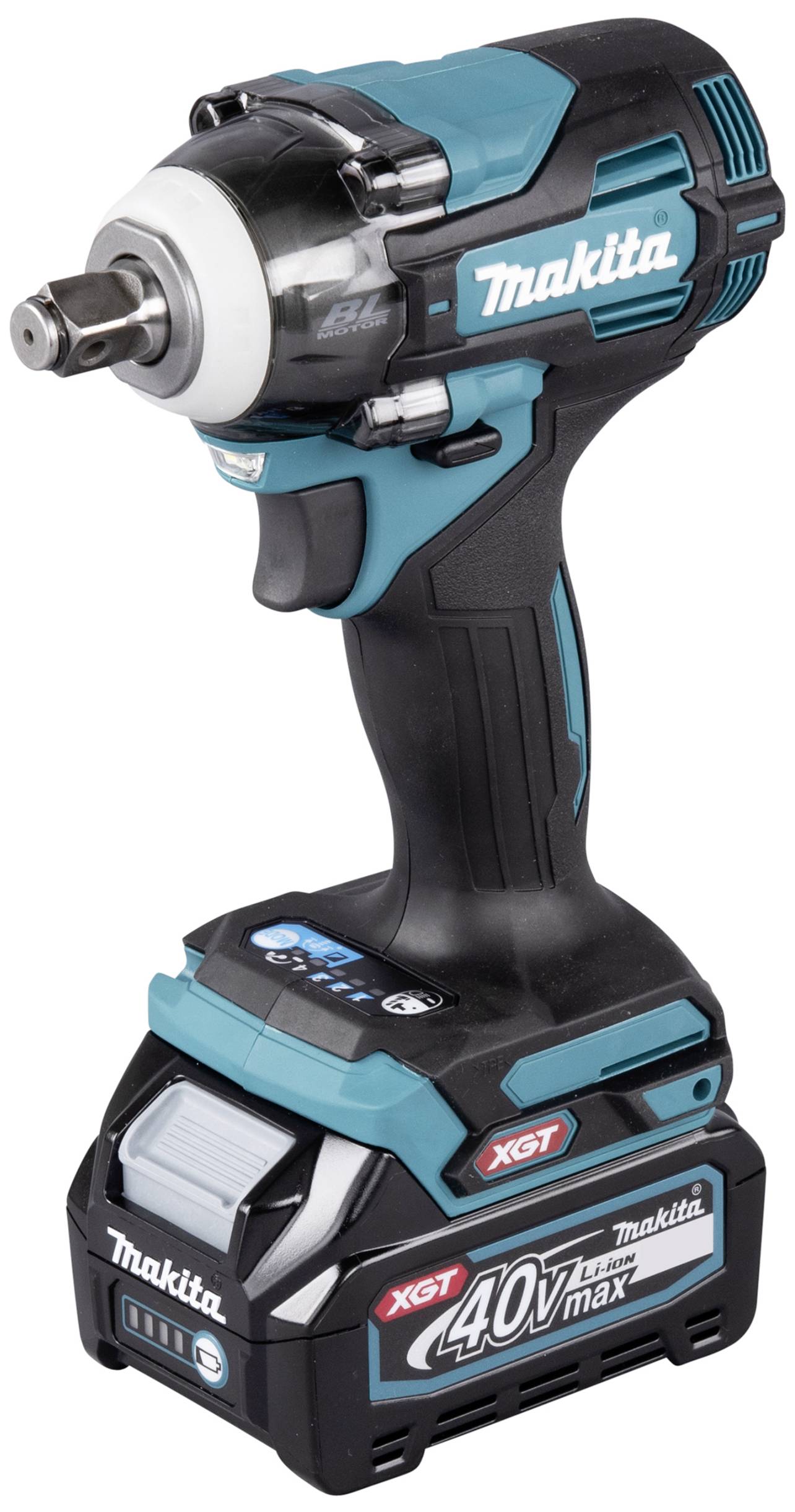 Akkuschlagschrauber von Makita, Modell XGT 40V Max. Werkzeug mit schwarzem und blauem Gehäuse, für professionelle Anwendungen.