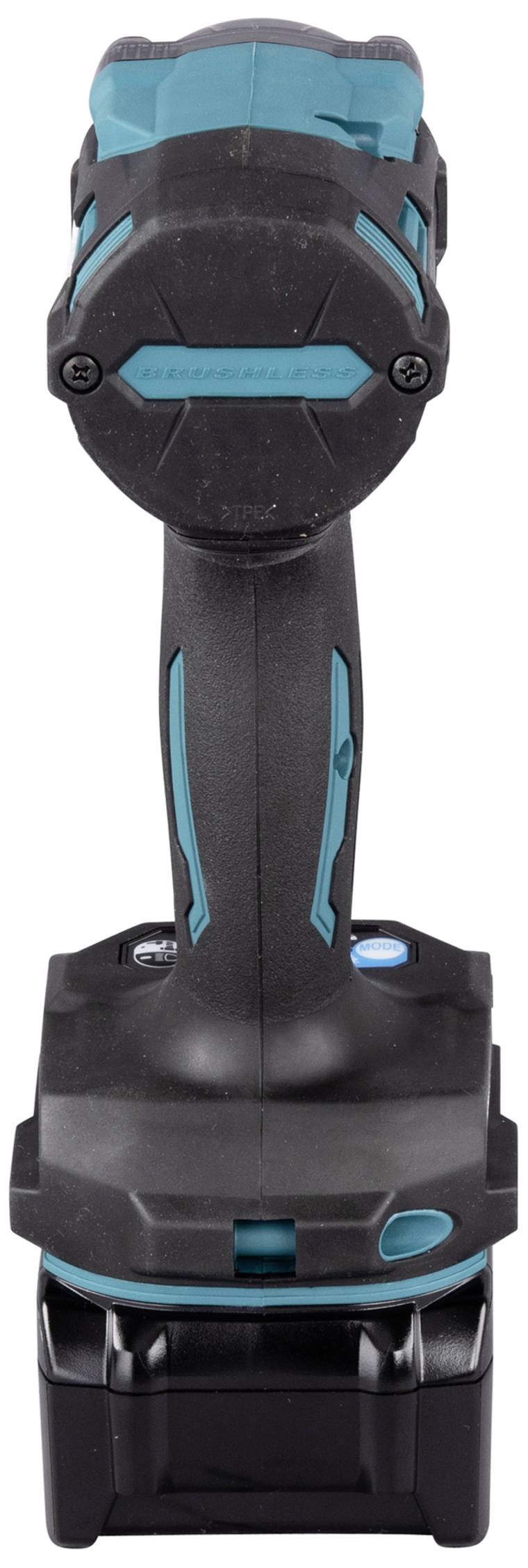 Ein schwarzer, akkubetriebener Schraubendreher mit blauen Akzenten. Sichtbar ist die Vorderseite des Geräts mit Griff und Ladeeinheit.