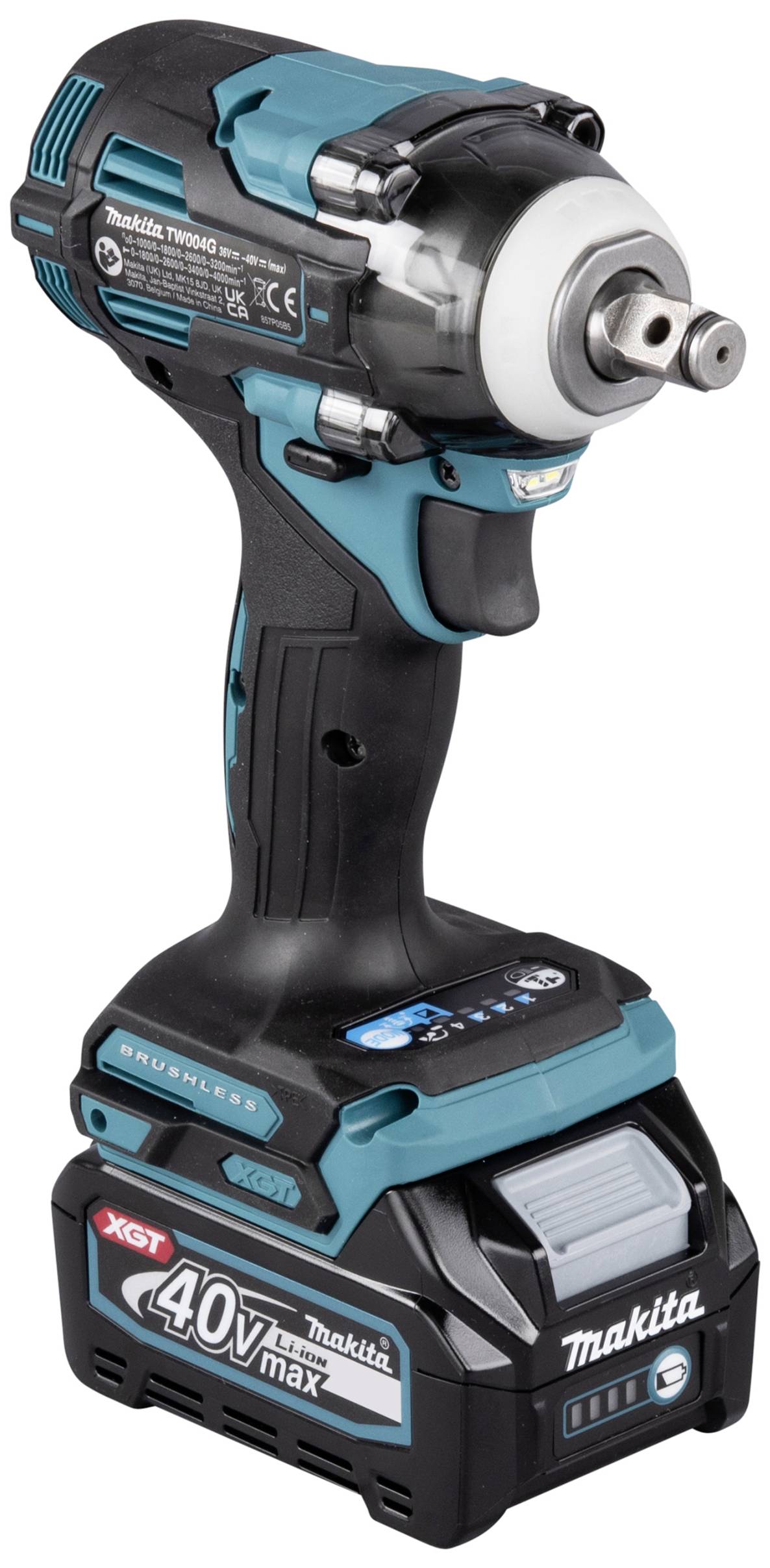 Ein blau-schwarzer Makita-Akku-Schlagschrauber mit 40V max Leistung. Er hat einen ergonomischen Griff und einen quadratischen Antrieb.