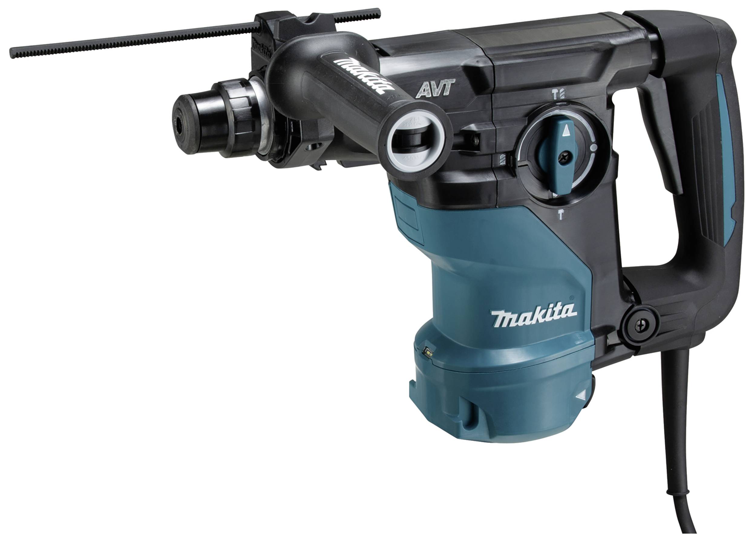 Ein elektrischer Bohrhammer von Makita mit einem Kunststoffgehäuse in Blau und Schwarz, geeignet für schwere Bohrarbeiten.