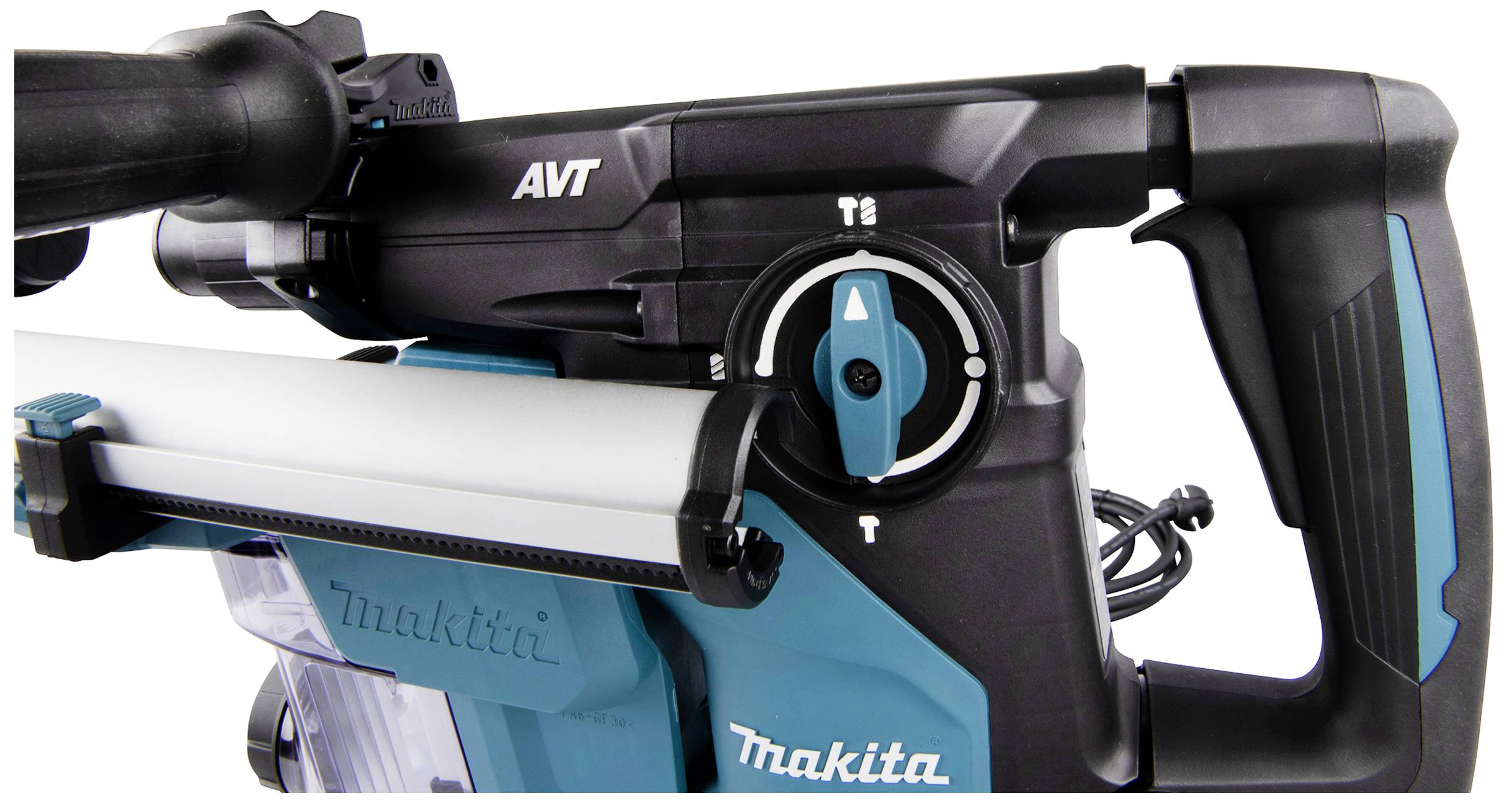Eine Nahaufnahme eines Makita Elektrowerkzeugs mit Sicht auf den Griff und einen Drehknopf zur Einstellungen.