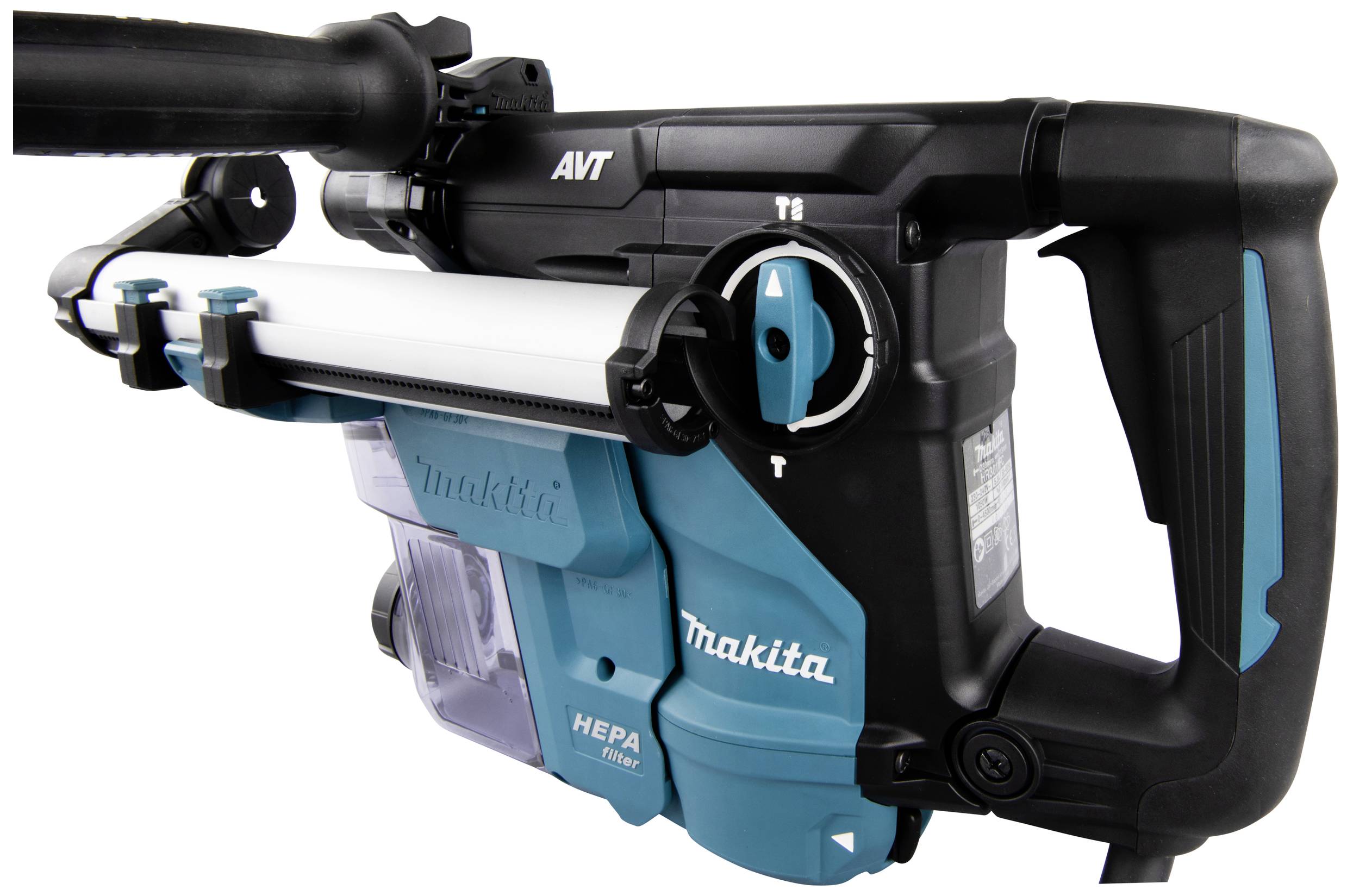 Akku-Bohrhammer von Makita mit Anti-Vibrations-Technologie und HEPA-Filter, seitlich abgebildet.