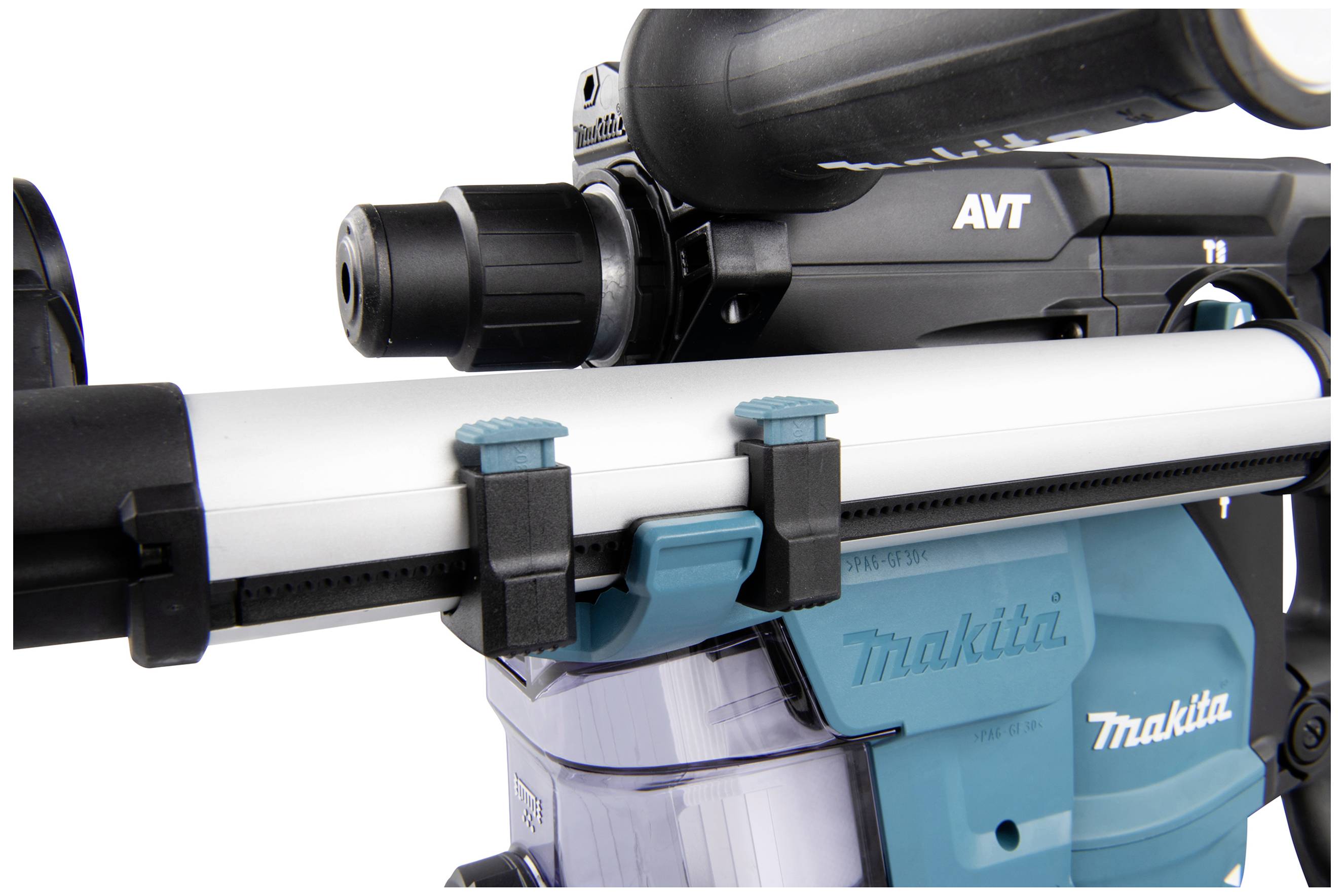 Makita Elektrowerkzeug mit blauem Gehäuse und grauem Griff, zeigt Details des Designs und Markenlogos.