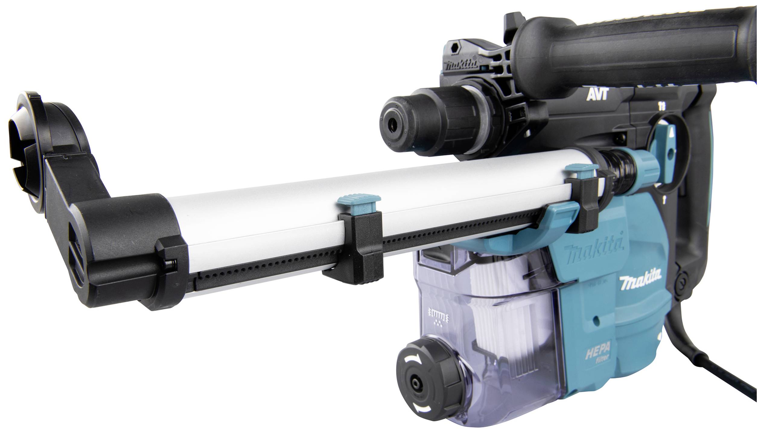 Ein elektrischer Bohrhammer mit Staubabsaugung. Markantes Design mit blauem und schwarzem Gehäuse, geeignet für Bauarbeiten.