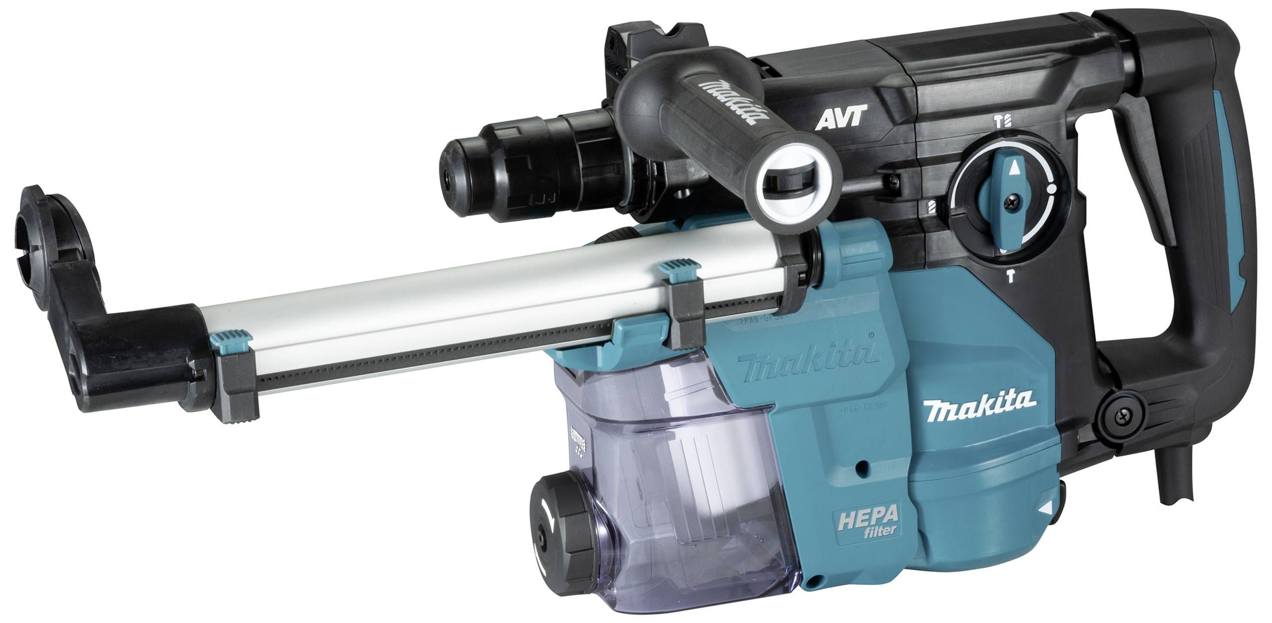 Ein blau-schwarzer Bohrhammer von Makita mit integriertem Zubehör und einem HEPA-Filter.