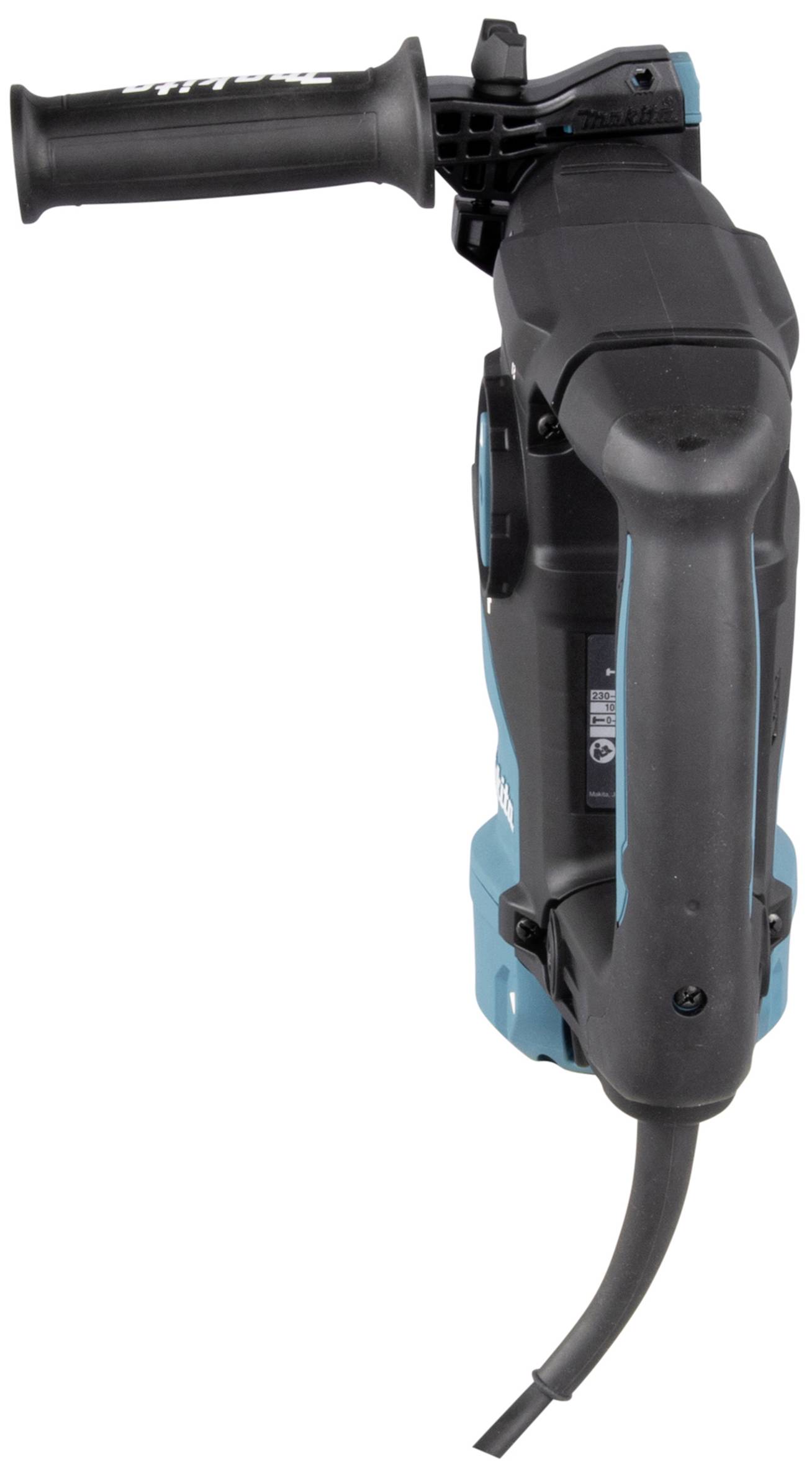 Elektrowerkzeug, vermutlich ein Bohrhammer, in Schwarz und Blau, mit zusätzlichem Handgriff und Netzkabel.