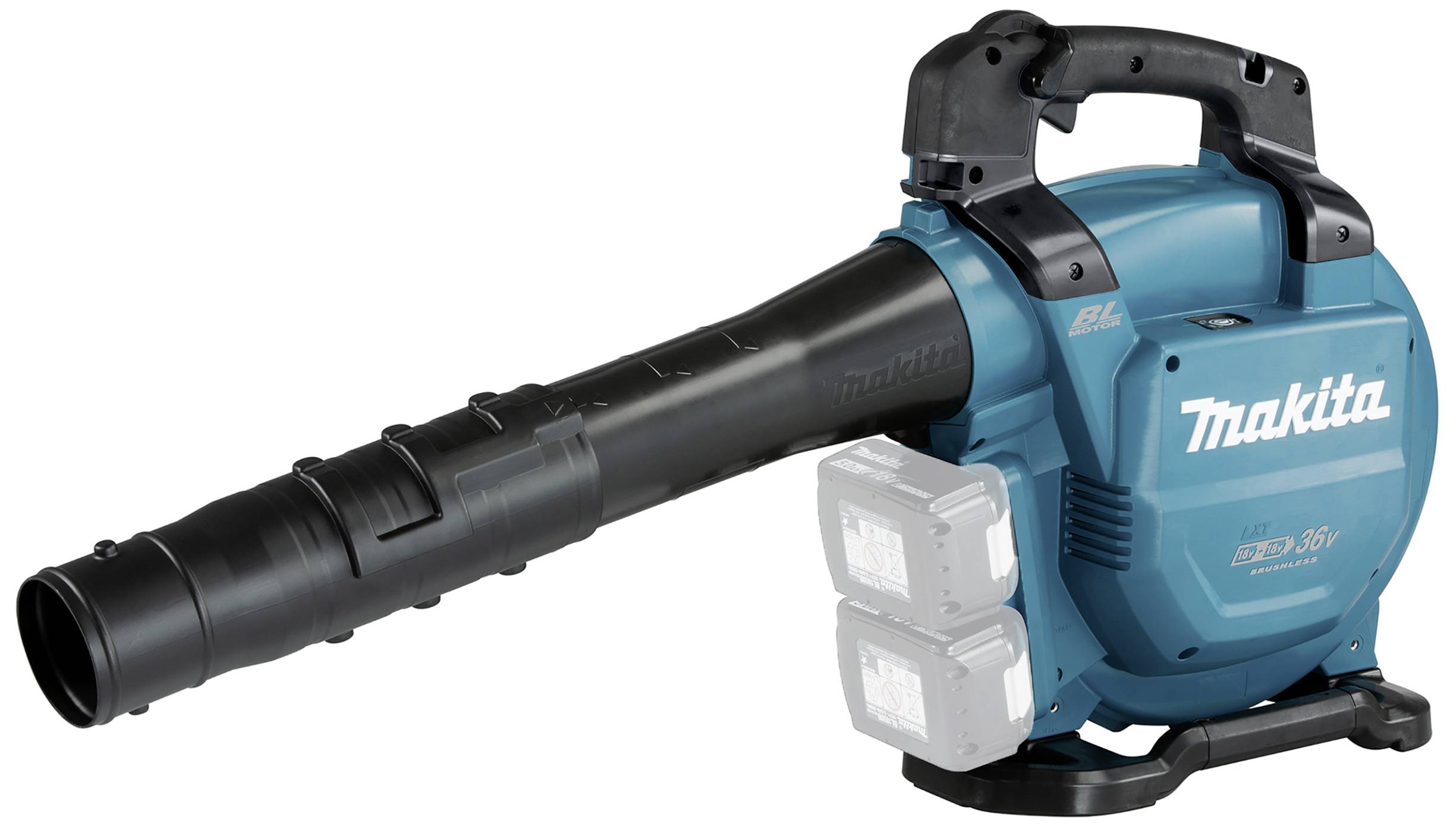 Ein blauer, tragbarer Laubbläser der Marke Makita mit zwei Batteriefächern, geeignet für Gartenarbeiten zur Laubbeseitigung.