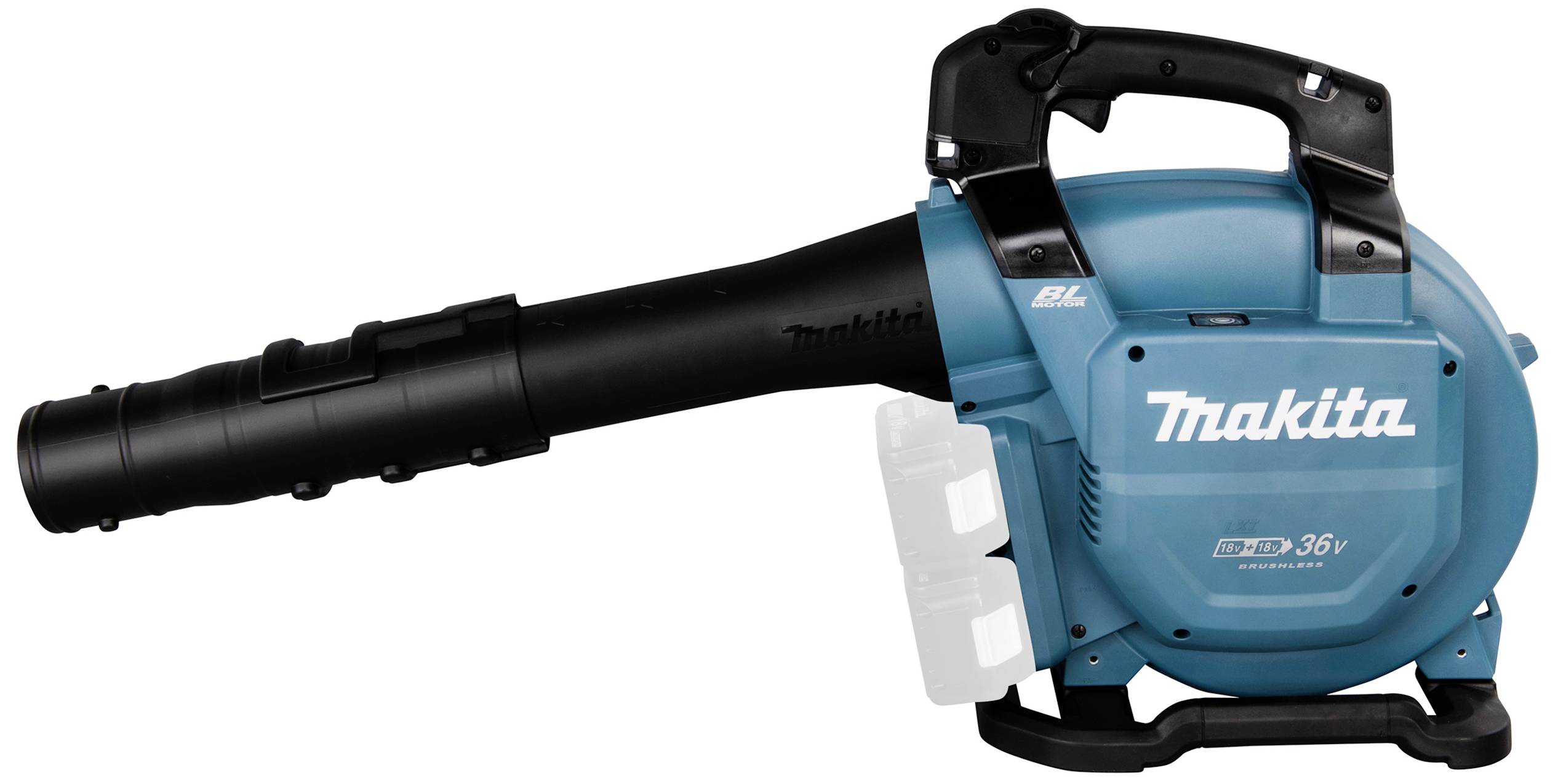 Ein Akku-Laubbläser mit blauem Gehäuse, markiert mit 'Makita', betrieben mit einem 36V-Akkusystem, geeignet zum Reinigen von Flächen.